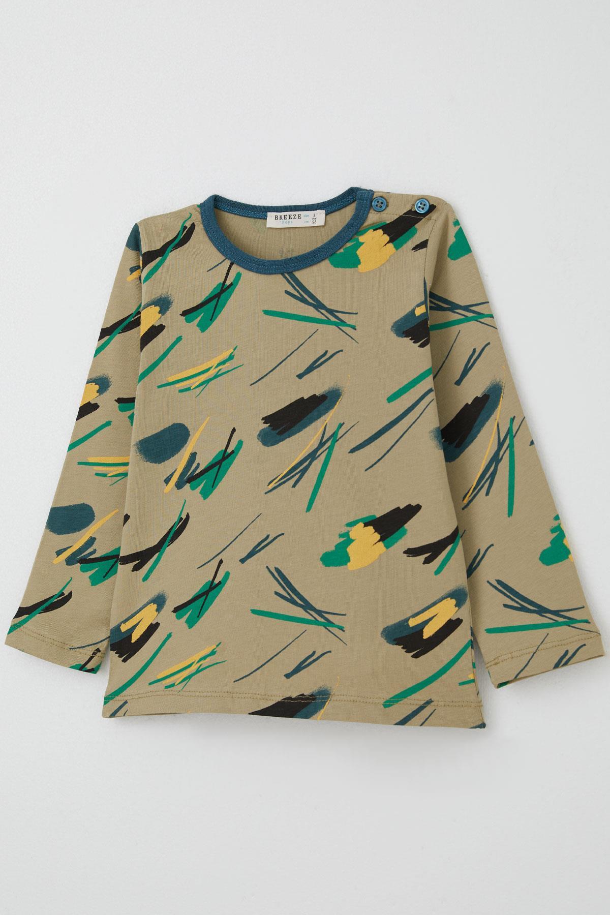 Breeze Erkek Bebek Pijama Takımı Renkli Fırça Vuruşu Haki Yeşil (9 Ay-3 Yaş)