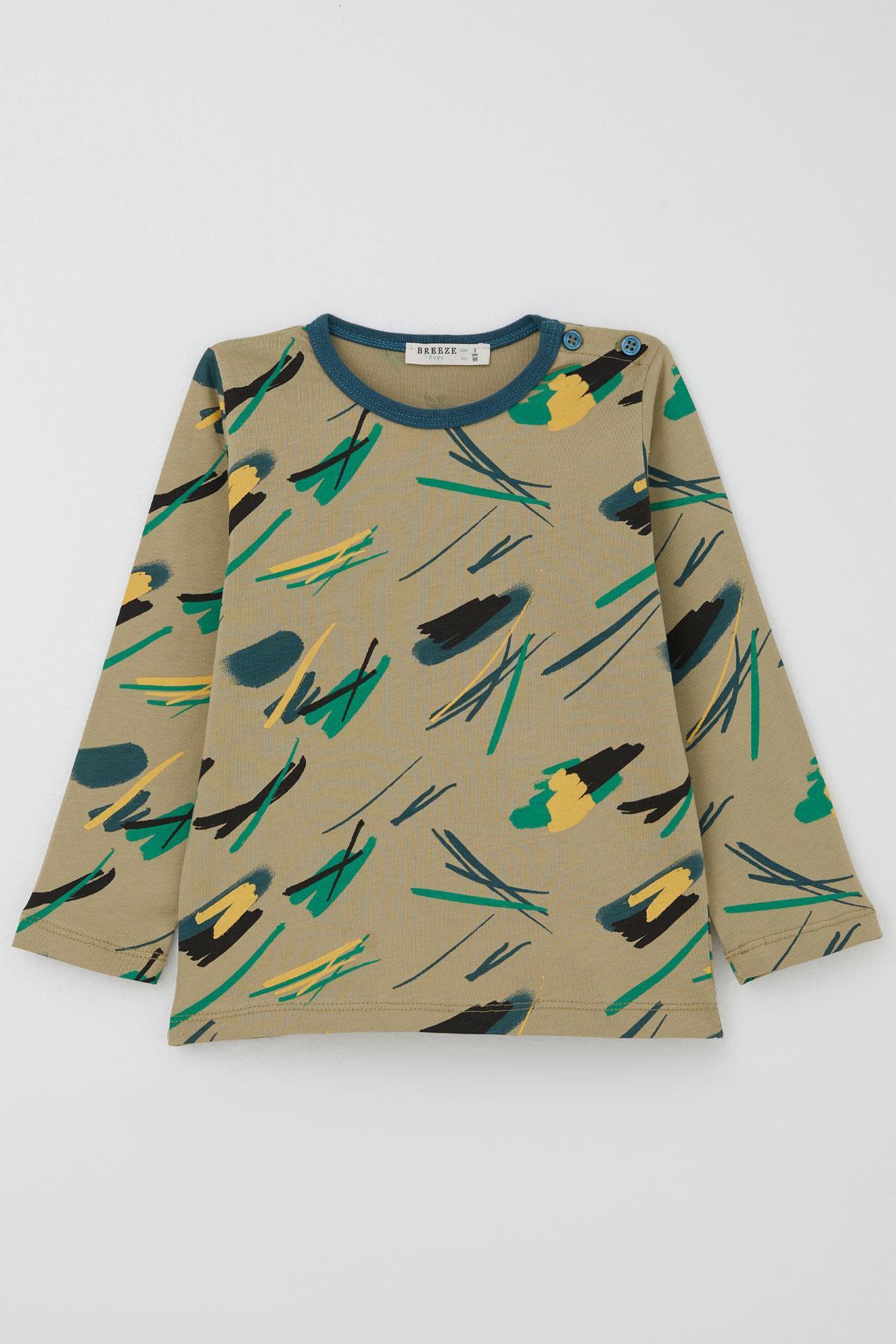Breeze Erkek Bebek Pijama Takımı Renkli Fırça Vuruşu Haki Yeşil (9 Ay-3 Yaş)