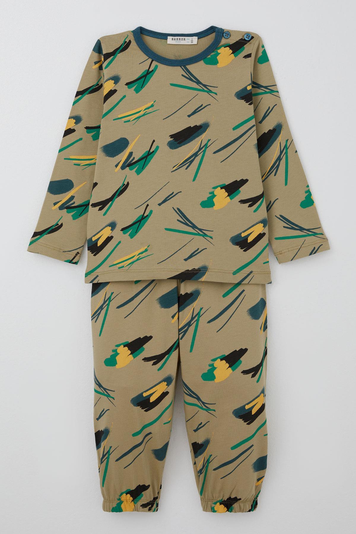 Breeze Erkek Bebek Pijama Takımı Renkli Fırça Vuruşu Haki Yeşil (9 Ay-3 Yaş)