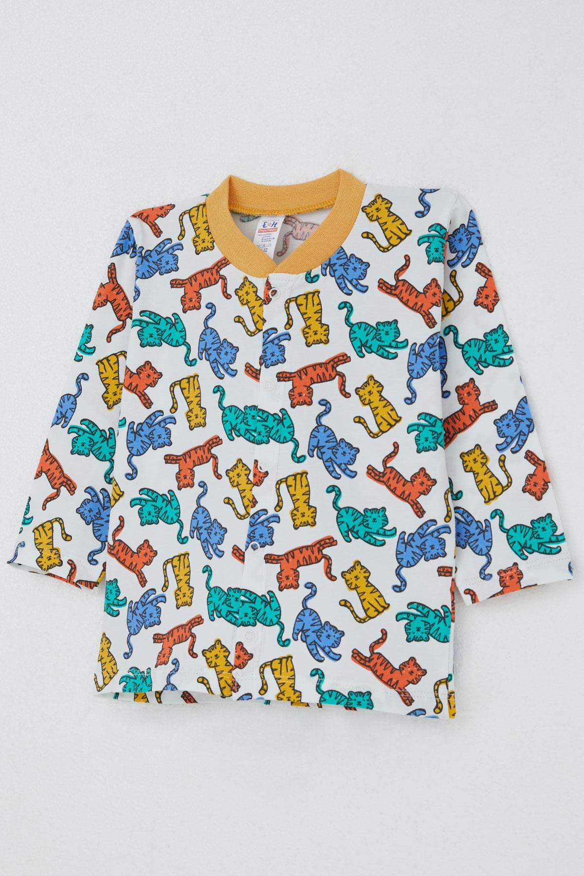 Breeze Erkek Bebek Pijama Takımı Renkli Kedicik Desenli Beyaz (4 Ay-1 Yaş)