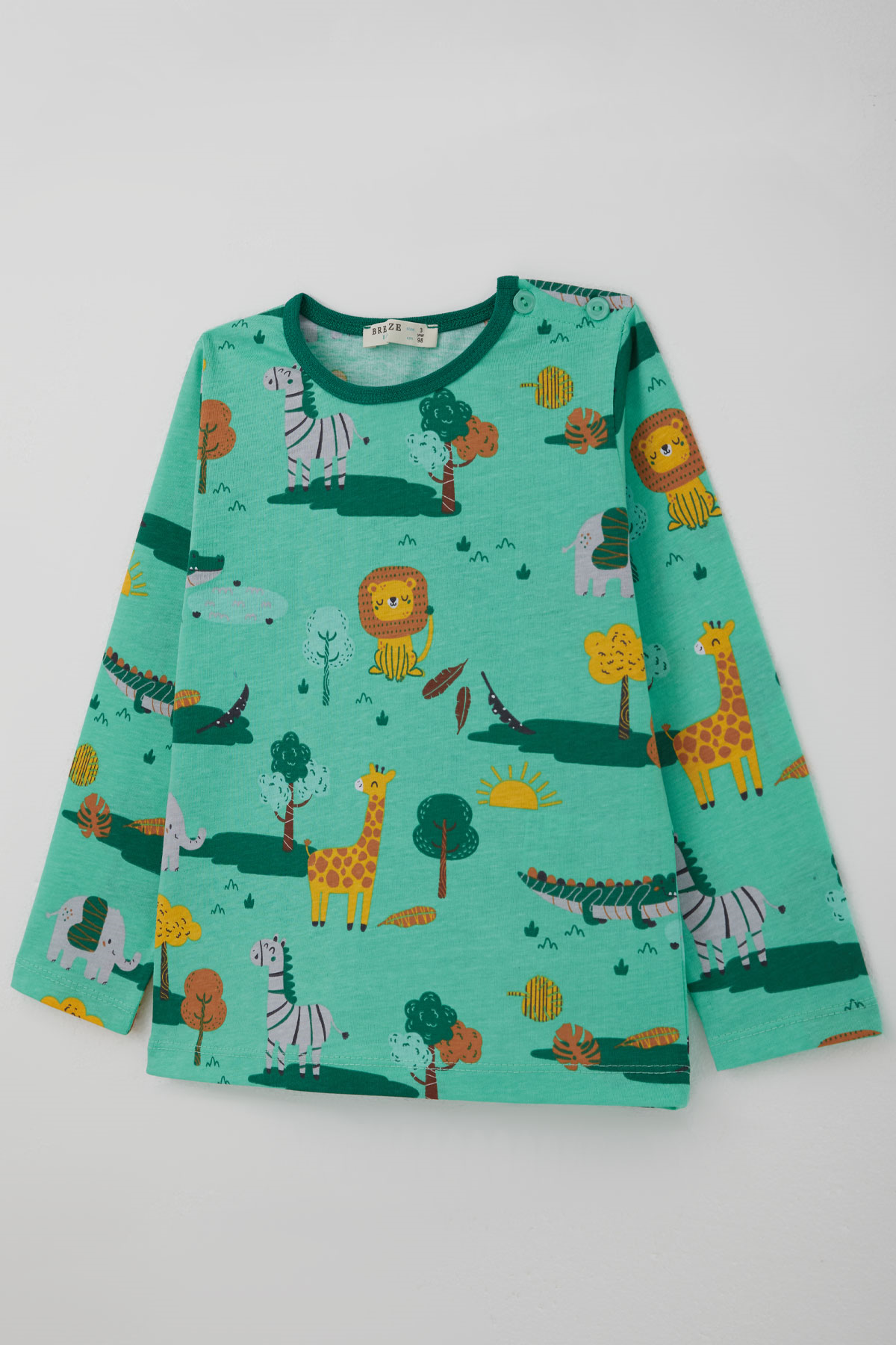 Breeze Erkek Bebek Pijama Takımı Safari Temalı Sevimli Hayvancıklar Desenli Yeşil (9 Ay-3 Yaş)