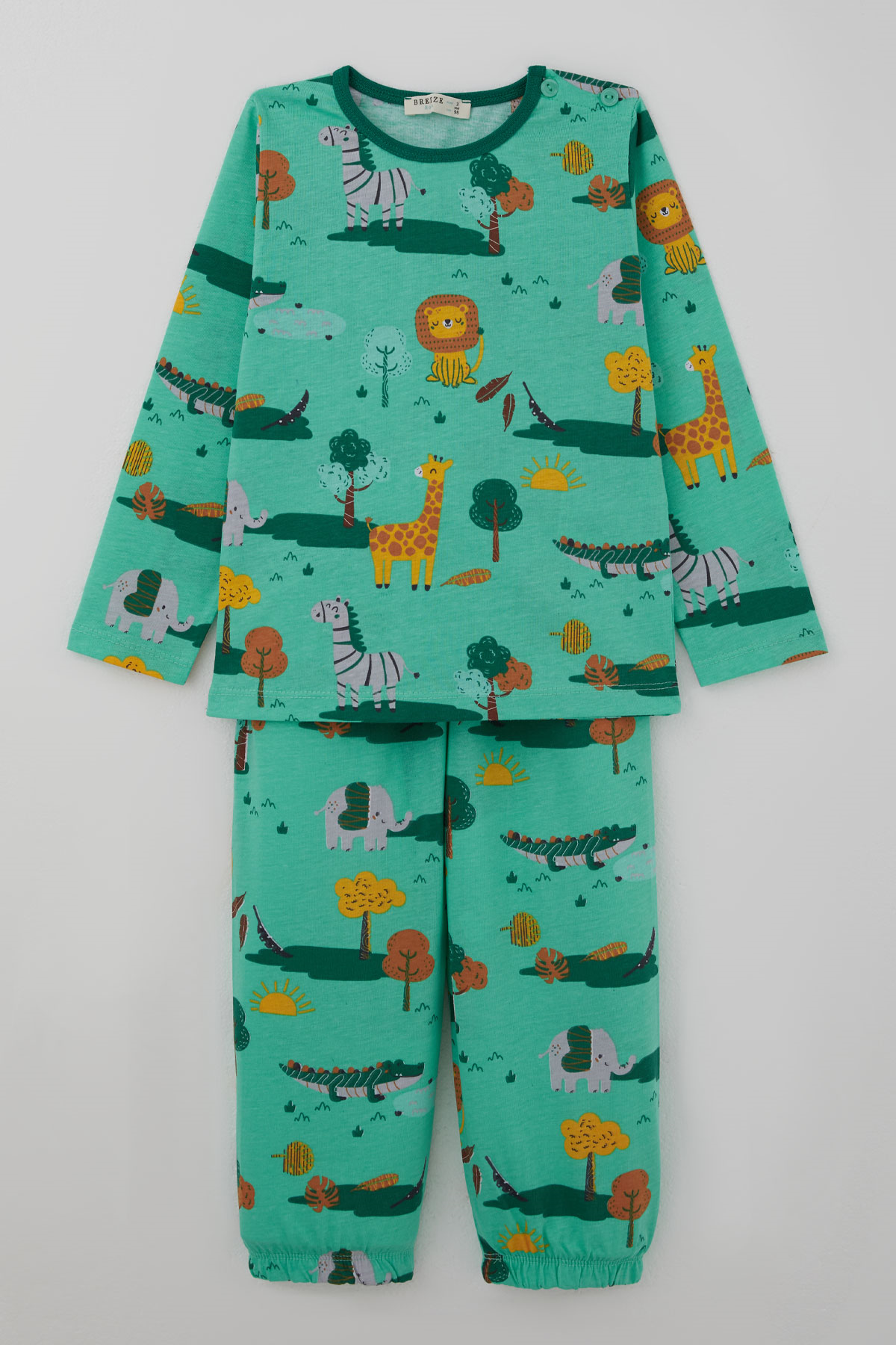 Breeze Erkek Bebek Pijama Takımı Safari Temalı Sevimli Hayvancıklar Desenli Yeşil (9 Ay-3 Yaş)