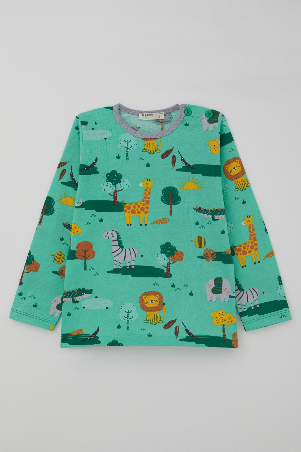 Breeze Erkek Bebek Pijama Takımı Safari Temalı Sevimli Hayvancıklar Desenli Yeşil (9 Ay-3 Yaş)