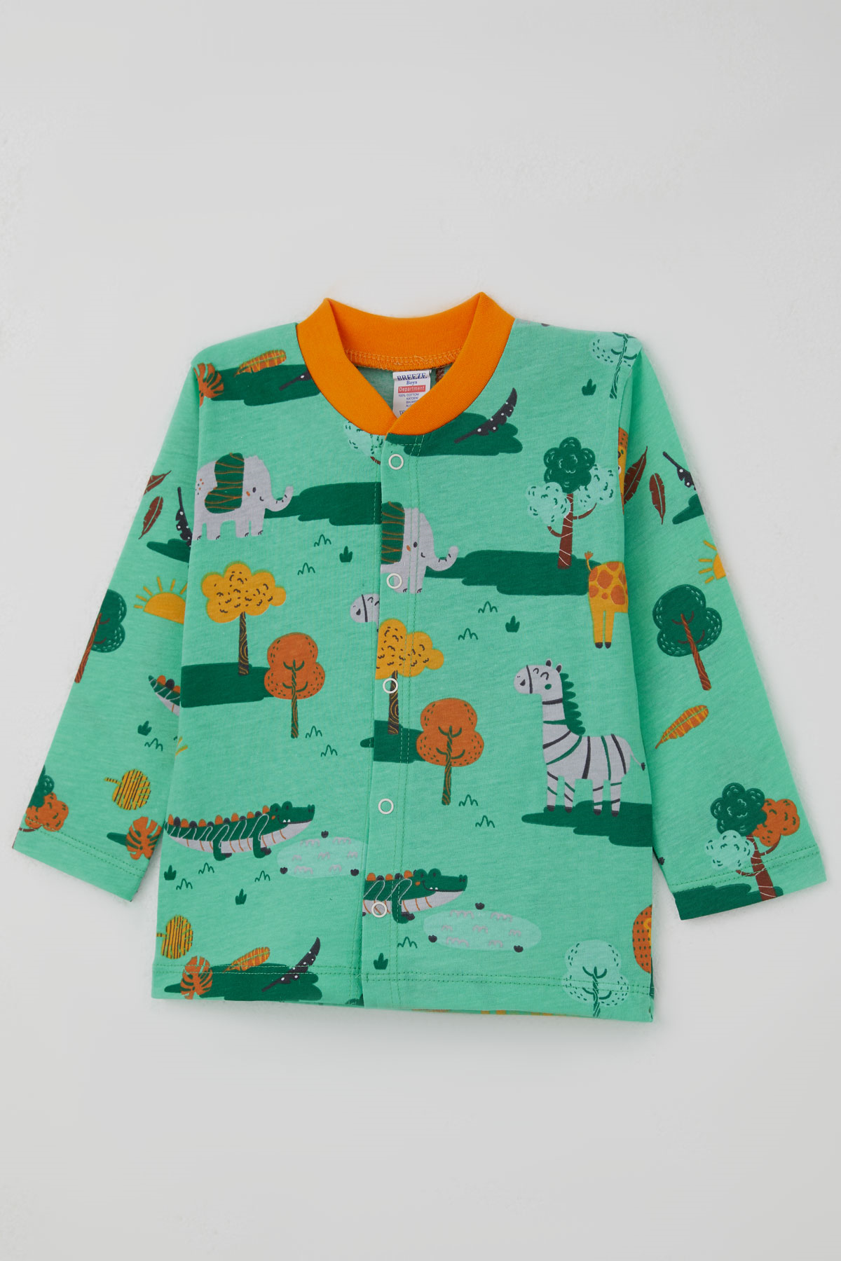 Breeze Erkek Bebek Pijama Takımı Safari Temalı Sevimli Hayvancıklar Desenli Önden Çıtçıtlı Yeşil (4 Ay-1 Yaş)