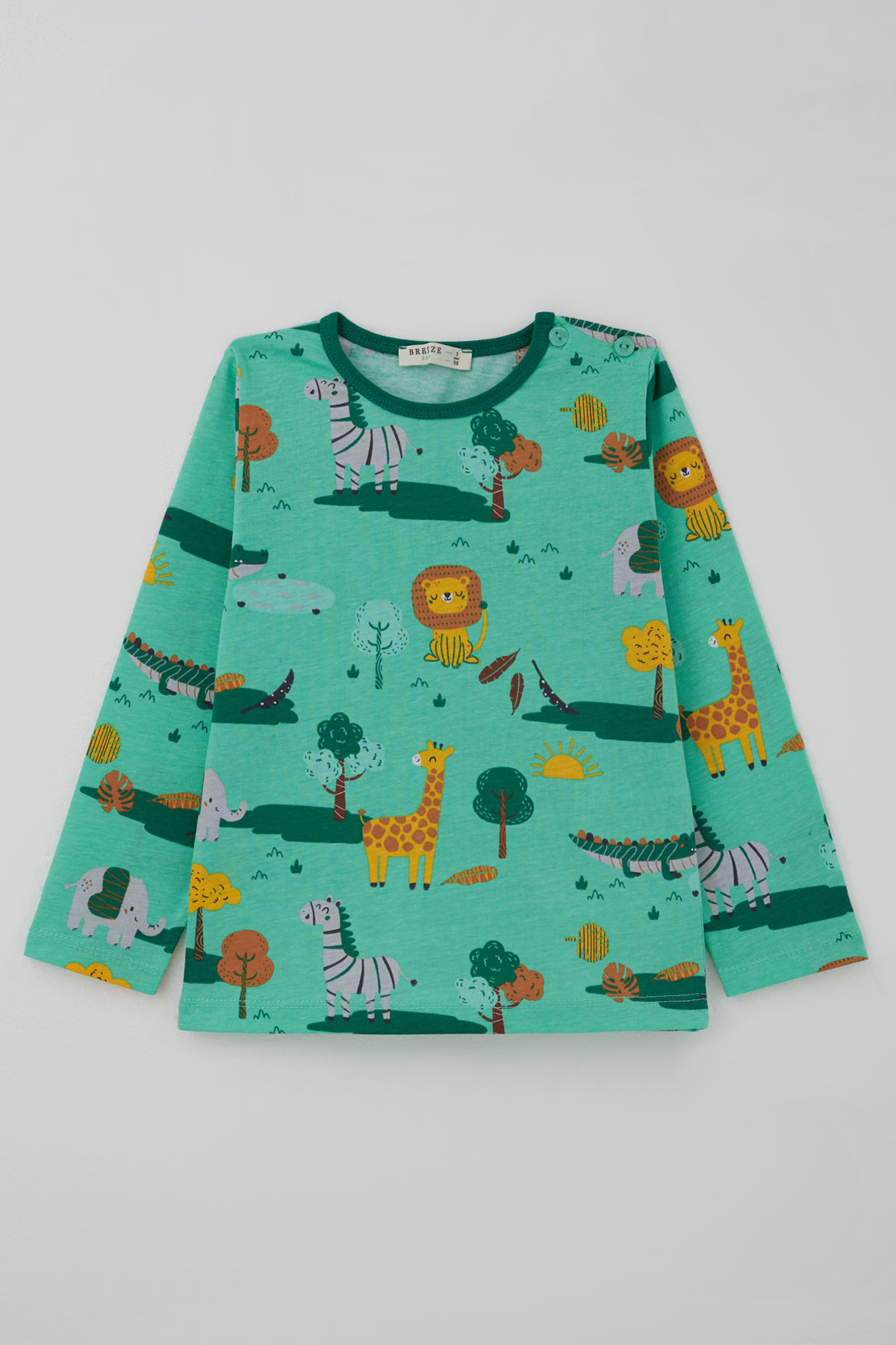 Breeze Erkek Bebek Pijama Takımı Safari Temalı Sevimli Hayvancıklar Desenli Yeşil (9 Ay-3 Yaş)