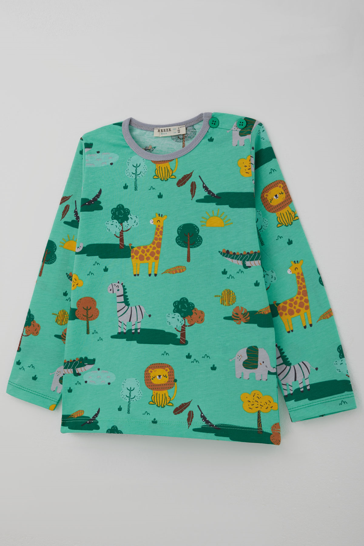 Breeze Erkek Bebek Pijama Takımı Safari Temalı Sevimli Hayvancıklar Desenli Yeşil (9 Ay-3 Yaş)