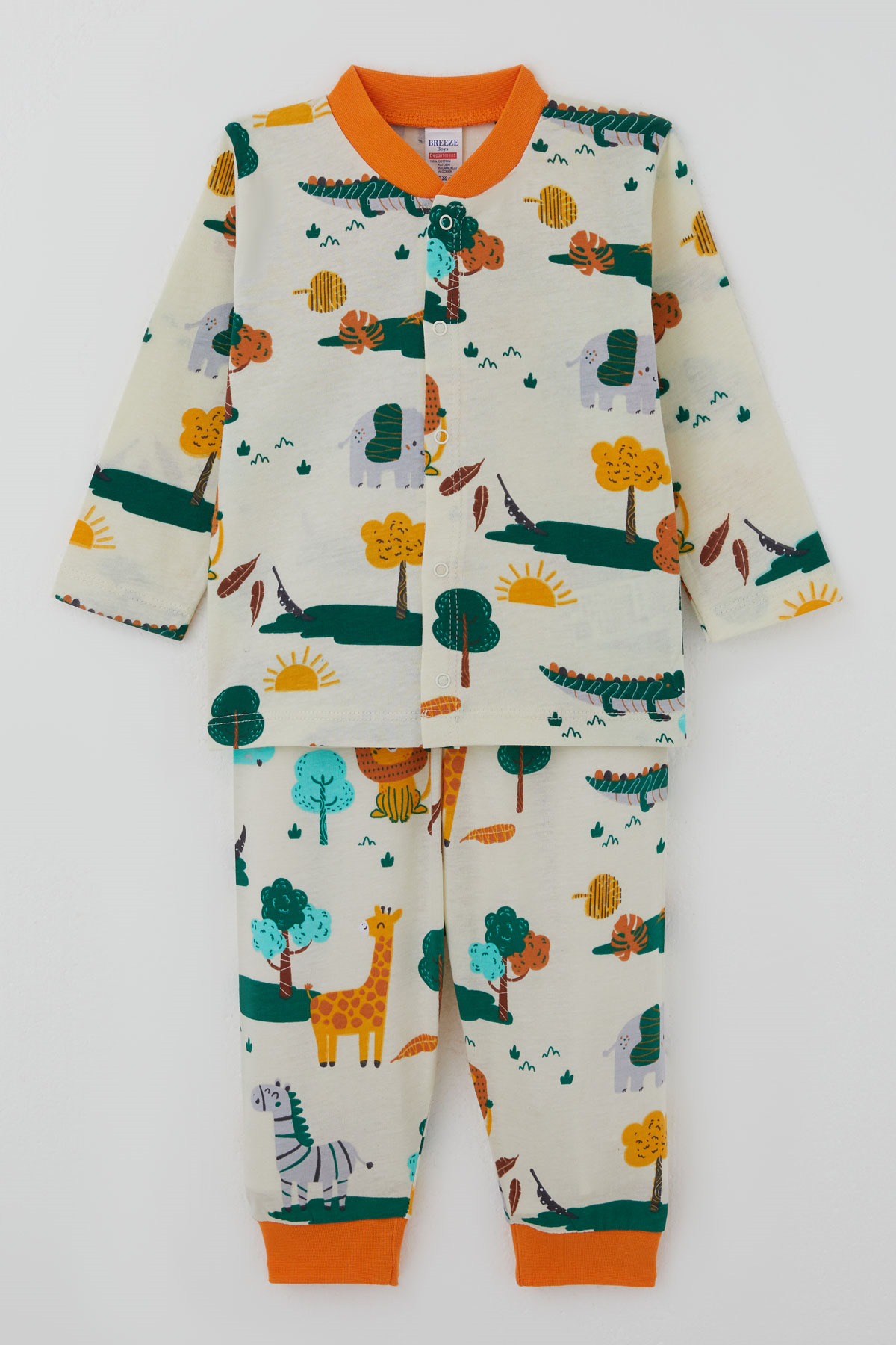 Breeze Erkek Bebek Pijama Takımı Safari Temalı Sevimli Hayvancıklar Desenli Önden Çıtçıtlı Sarı (4 Ay-1 Yaş)