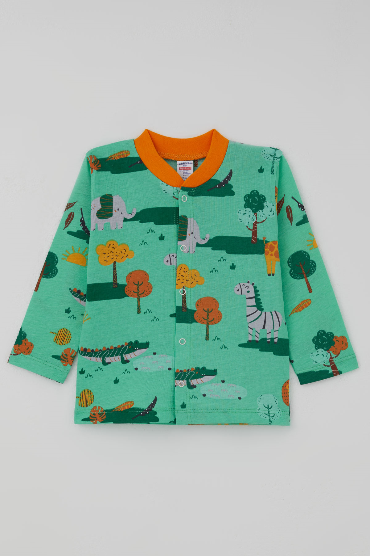 Breeze Erkek Bebek Pijama Takımı Safari Temalı Sevimli Hayvancıklar Desenli Önden Çıtçıtlı Yeşil (4 Ay-1 Yaş)