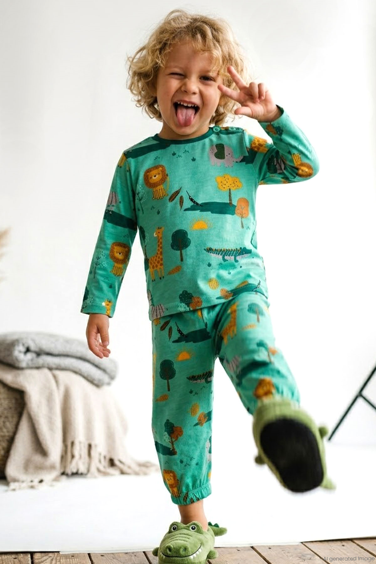 Breeze Erkek Bebek Pijama Takımı Safari Temalı Sevimli Hayvancıklar Desenli Yeşil (9 Ay-3 Yaş)