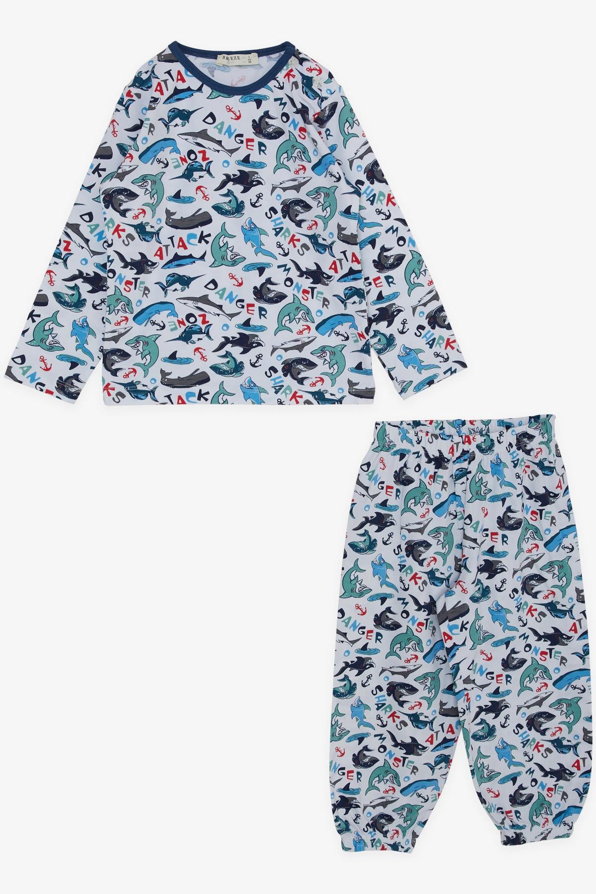 Breeze Erkek Bebek Pijama Takımı Sevimli Köpek Balığı Desenli Beyaz (9 Ay-3 Yaş)