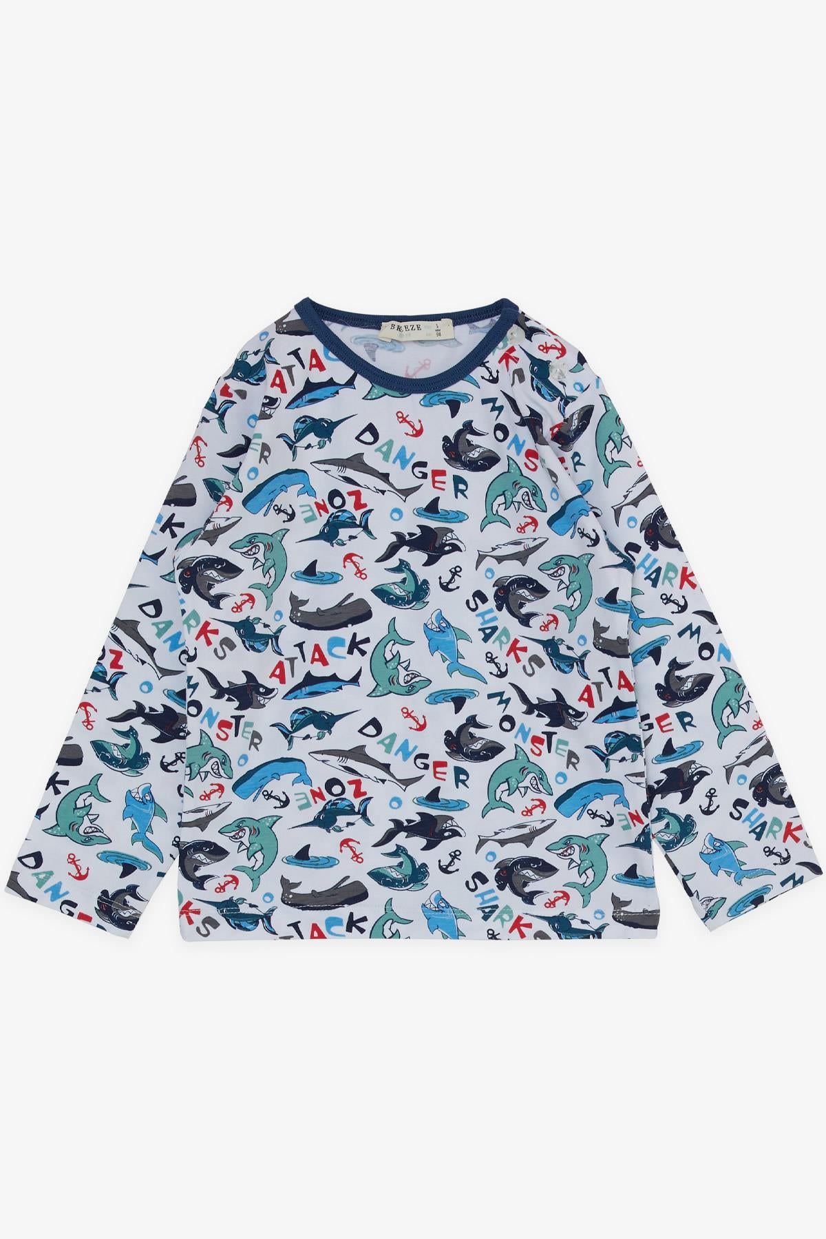 Breeze Erkek Bebek Pijama Takımı Sevimli Köpek Balığı Desenli Beyaz (9 Ay-3 Yaş)