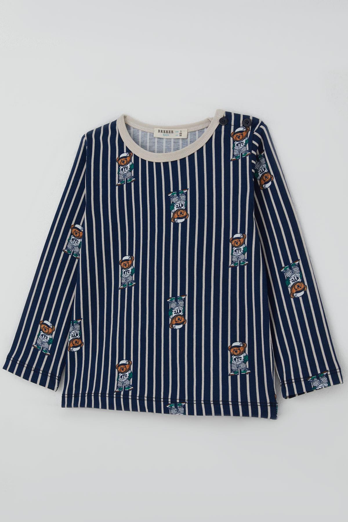 Breeze Erkek Bebek Pijama Takımı Sevimli Ayıcık Figürlü Lacivert (9 Ay-3 Yaş)