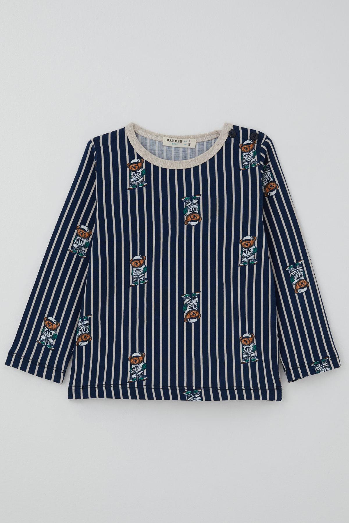 Breeze Erkek Bebek Pijama Takımı Sevimli Ayıcık Figürlü Lacivert (9 Ay-3 Yaş)