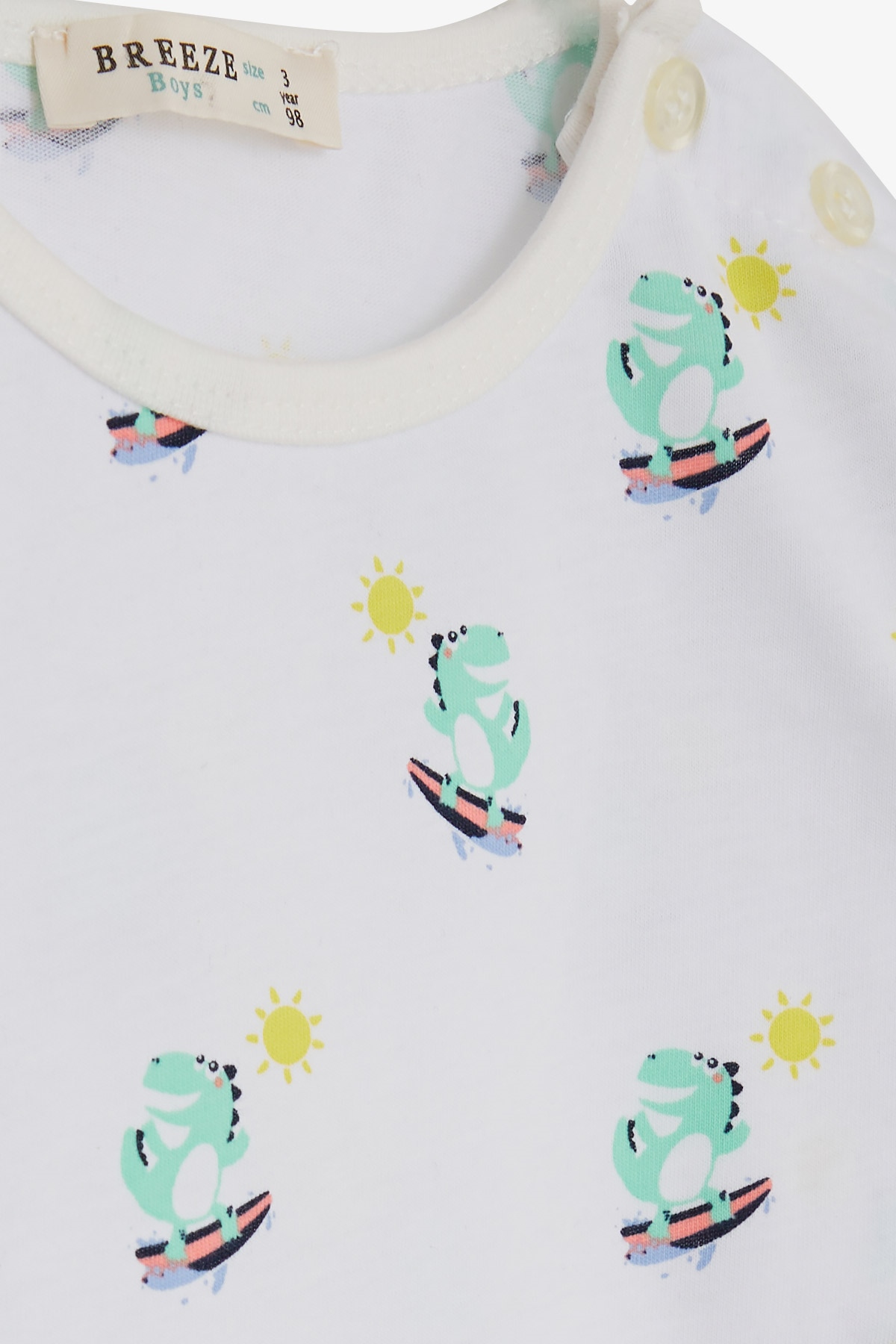 Breeze Erkek Bebek Pijama Takımı Sörfçü Dinozor Desenli Beyaz (9 Ay-3 Yaş)