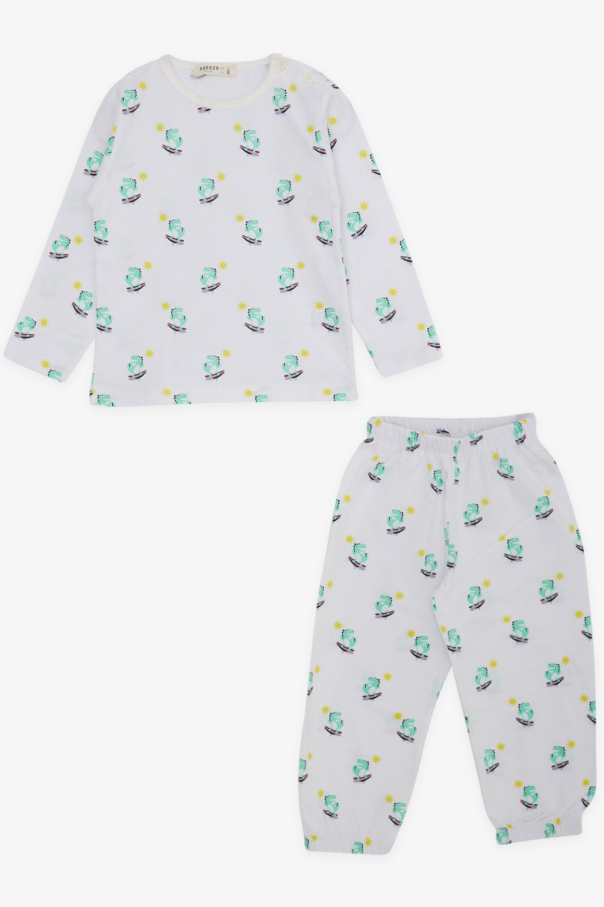 Breeze Erkek Bebek Pijama Takımı Sörfçü Dinozor Desenli Beyaz (9 Ay-3 Yaş)