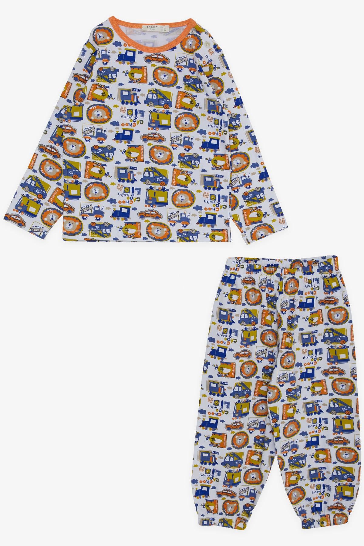 Breeze Erkek Bebek Pijama Takımı Taşıt Temalı Hayvancık Desenli Beyaz (9 Ay-3 Yaş)