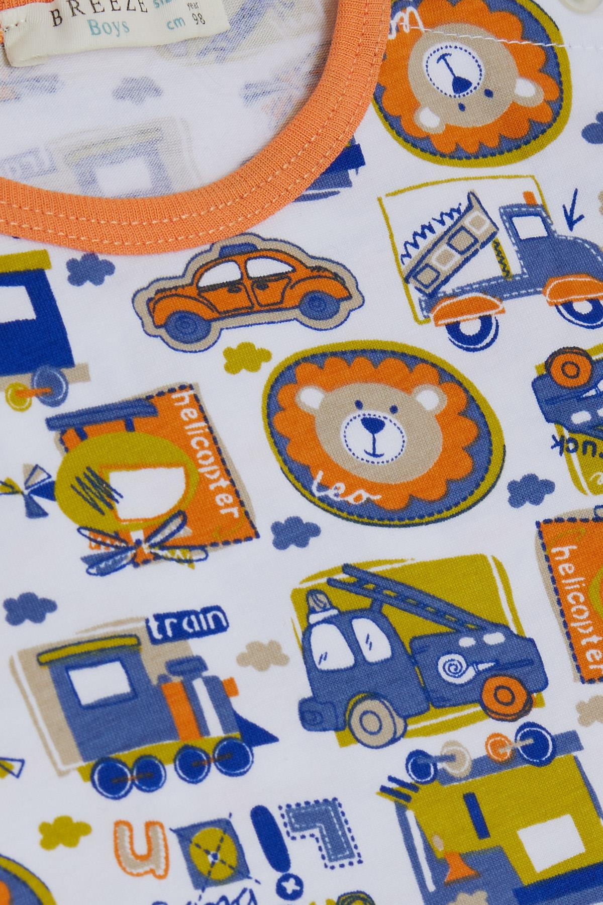 Breeze Erkek Bebek Pijama Takımı Taşıt Temalı Hayvancık Desenli Beyaz (9 Ay-3 Yaş)