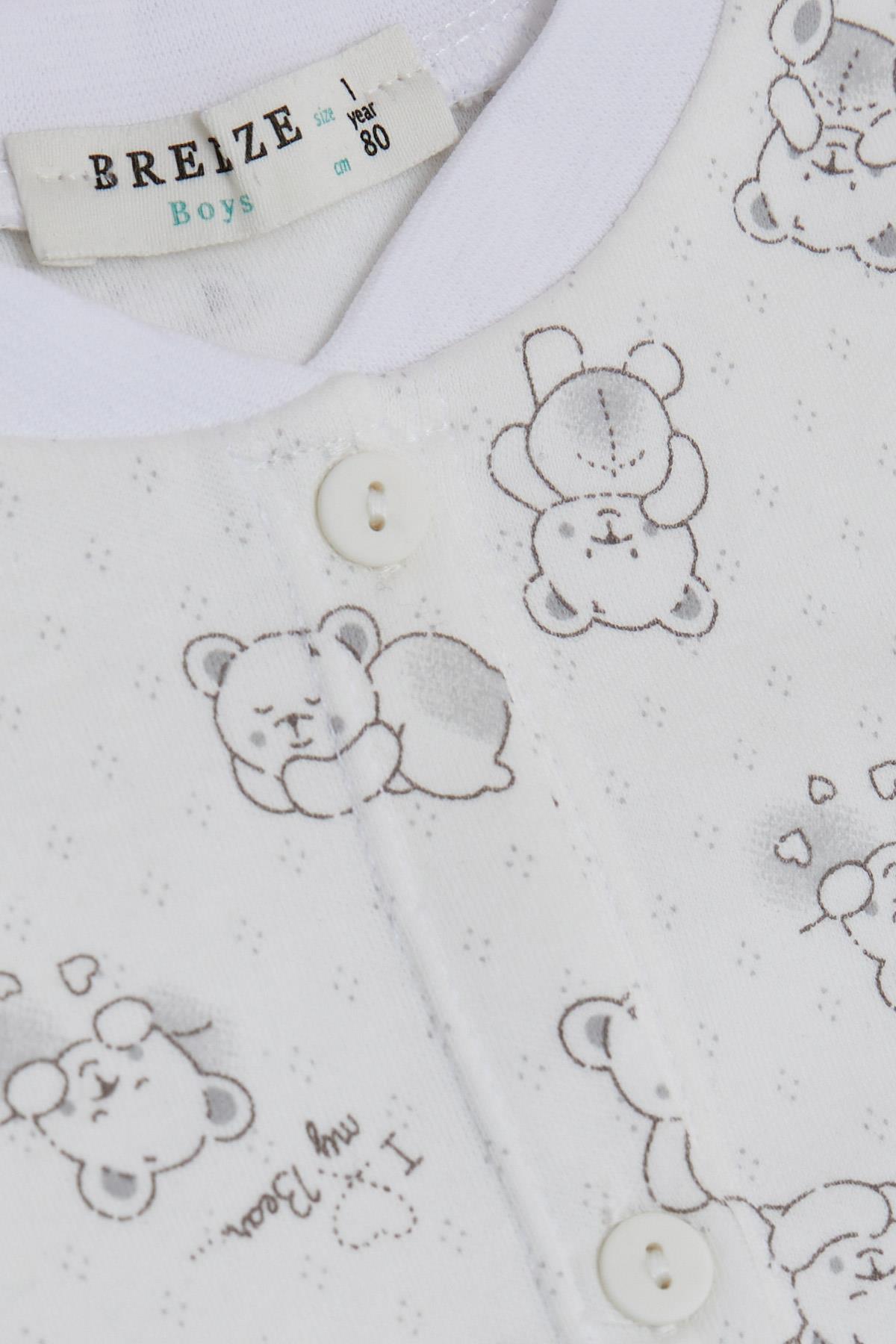Breeze Erkek Bebek Pijama Takımı Uykucu Ayıcık Desenli Ekru (4 Ay-1 Yaş)