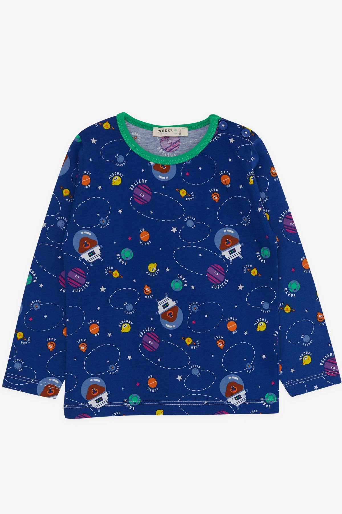 Breeze Erkek Bebek Pijama Takımı Uzay Temalı Mutlu Gezegenler Desenli Koyu Mavi (9 Ay-3 Yaş)