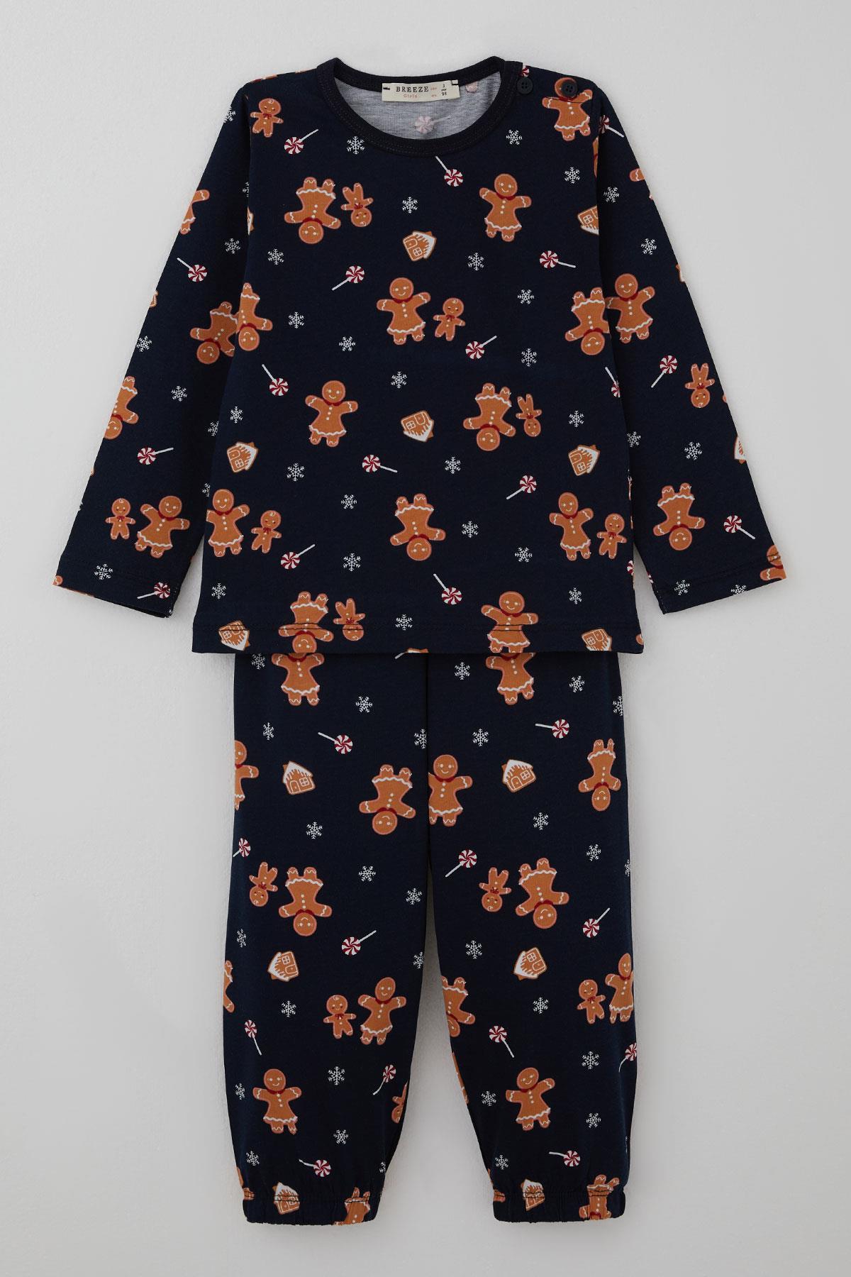Breeze Erkek Bebek Pijama Takımı Yılbaşı Temalı Kurabiye Adam Desenli Lacivert (9 Ay-2 Yaş)