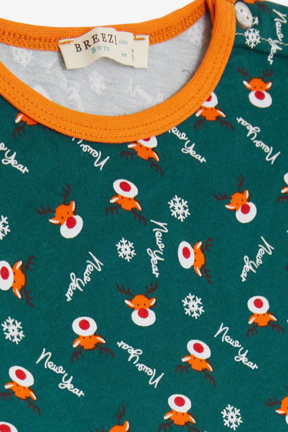 Breeze Erkek Bebek Pijama Takımı Yılbaşı Temalı Yeşil (9 Ay-3 Yaş)