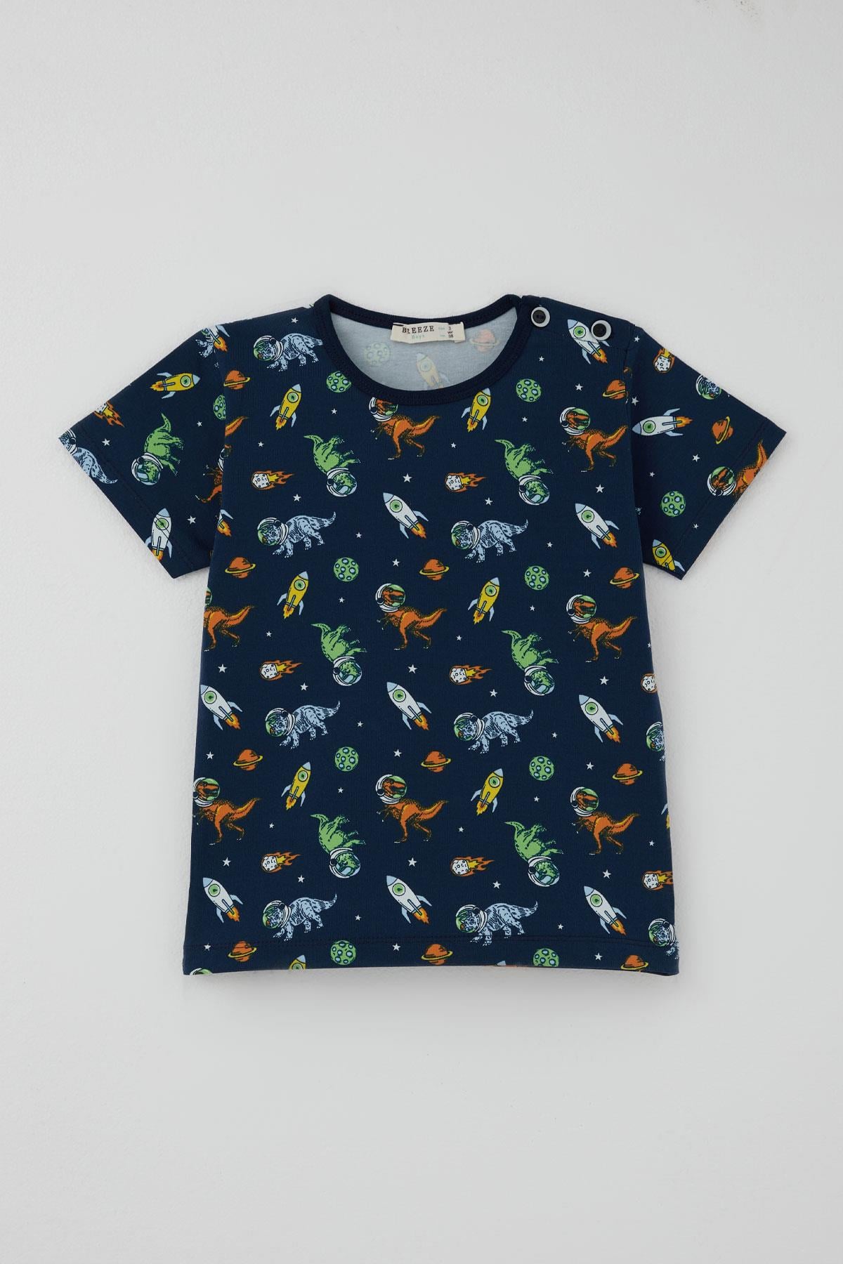 Breeze Erkek Bebek Şortlu Pijama Takımı Uzay Temalı Astronot Dinozor Desenli Lacivert (9 Ay-3 Yaş)