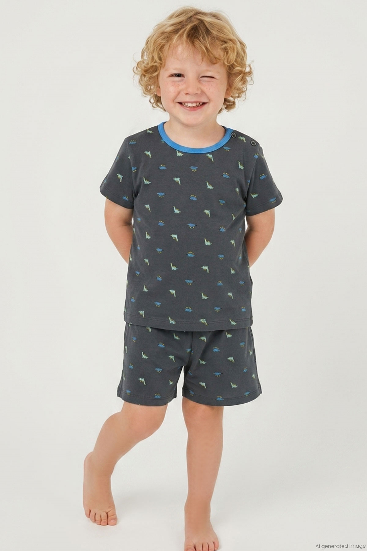 Breeze Erkek Bebek Şortlu Pijama Takımı Renkli Dinozor Desenli Antrasit (9 Ay-3 Yaş)