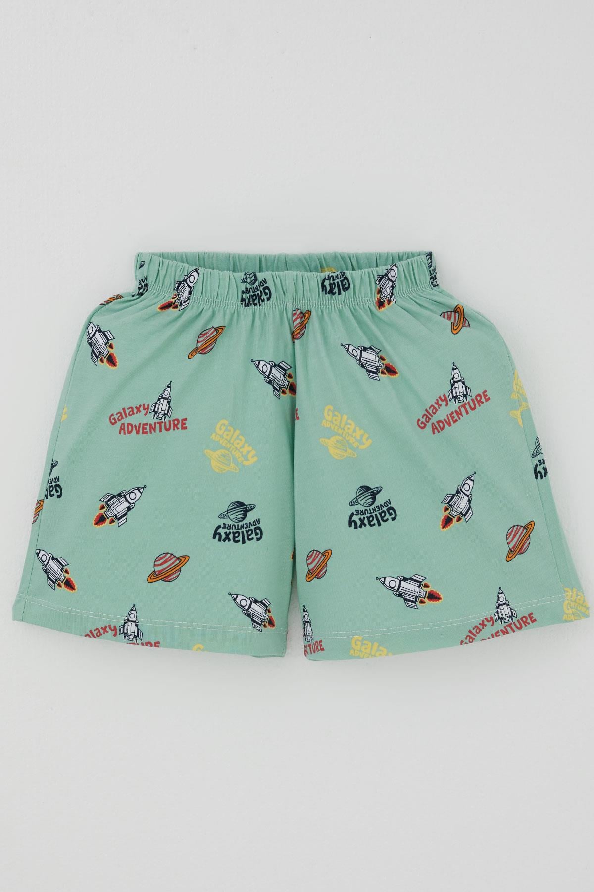 Breeze Erkek Bebek Şortlu Pijama Takımı Galaksi Macerası Temalı Su Yeşili (9 Ay-3 Yaş)