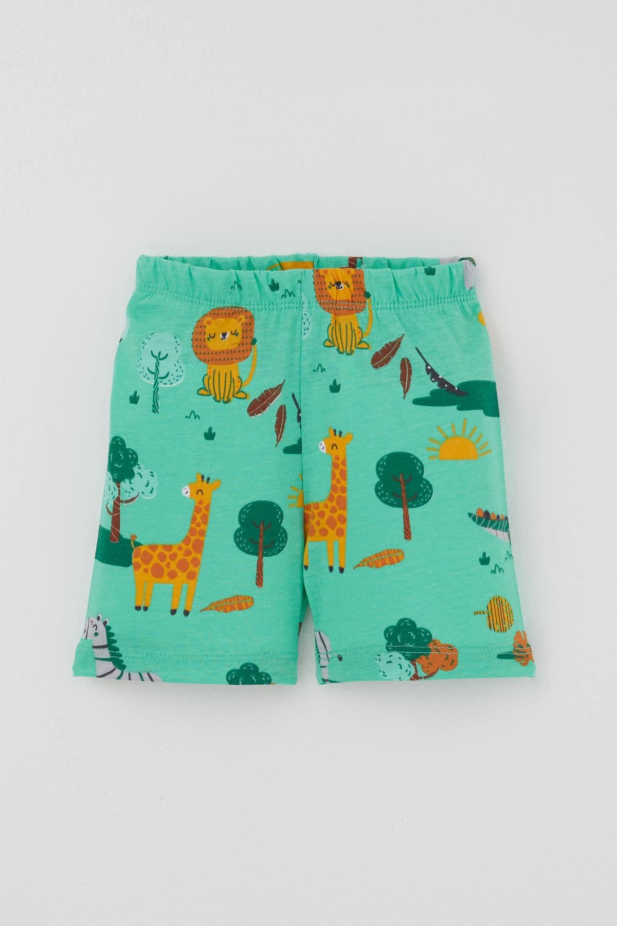 Breeze Erkek Bebek Şortlu Pijama Takımı Safari Temalı Sevimli Hayvancıklar Desenli Yeşil (4 Ay - 1 Yaş)