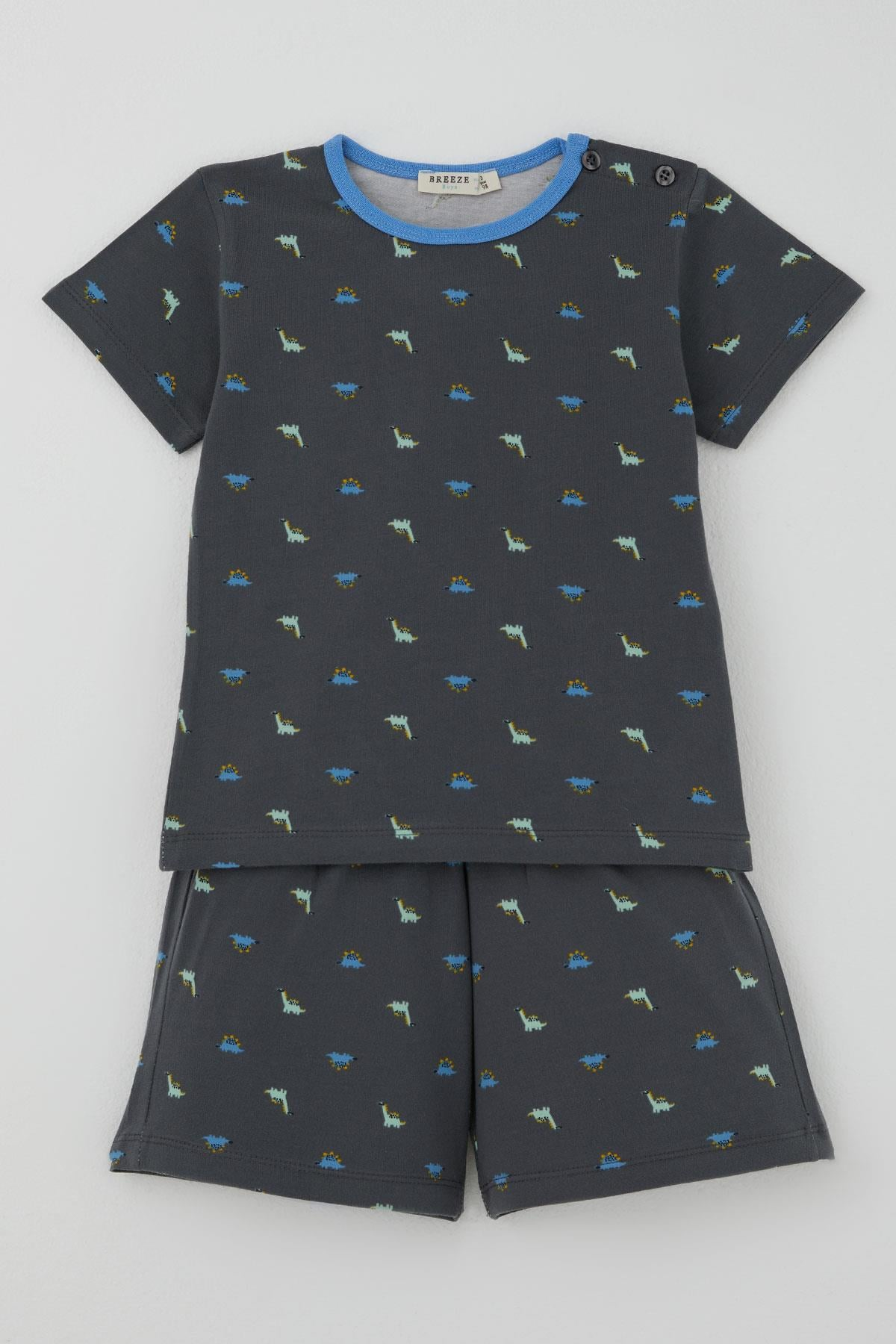 Breeze Erkek Bebek Şortlu Pijama Takımı Renkli Dinozor Desenli Antrasit (9 Ay-3 Yaş)