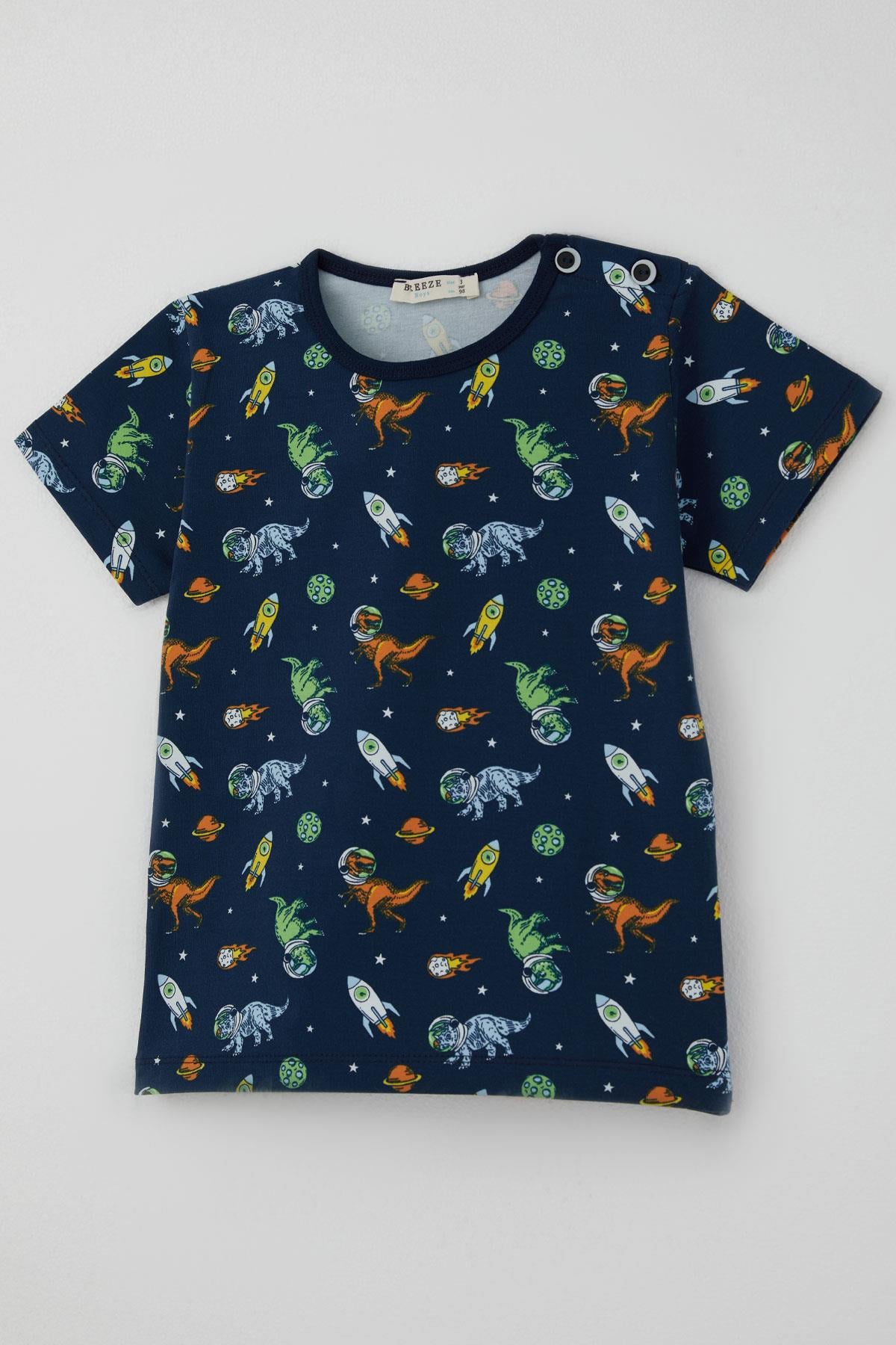 Breeze Erkek Bebek Şortlu Pijama Takımı Uzay Temalı Astronot Dinozor Desenli Lacivert (9 Ay-3 Yaş)