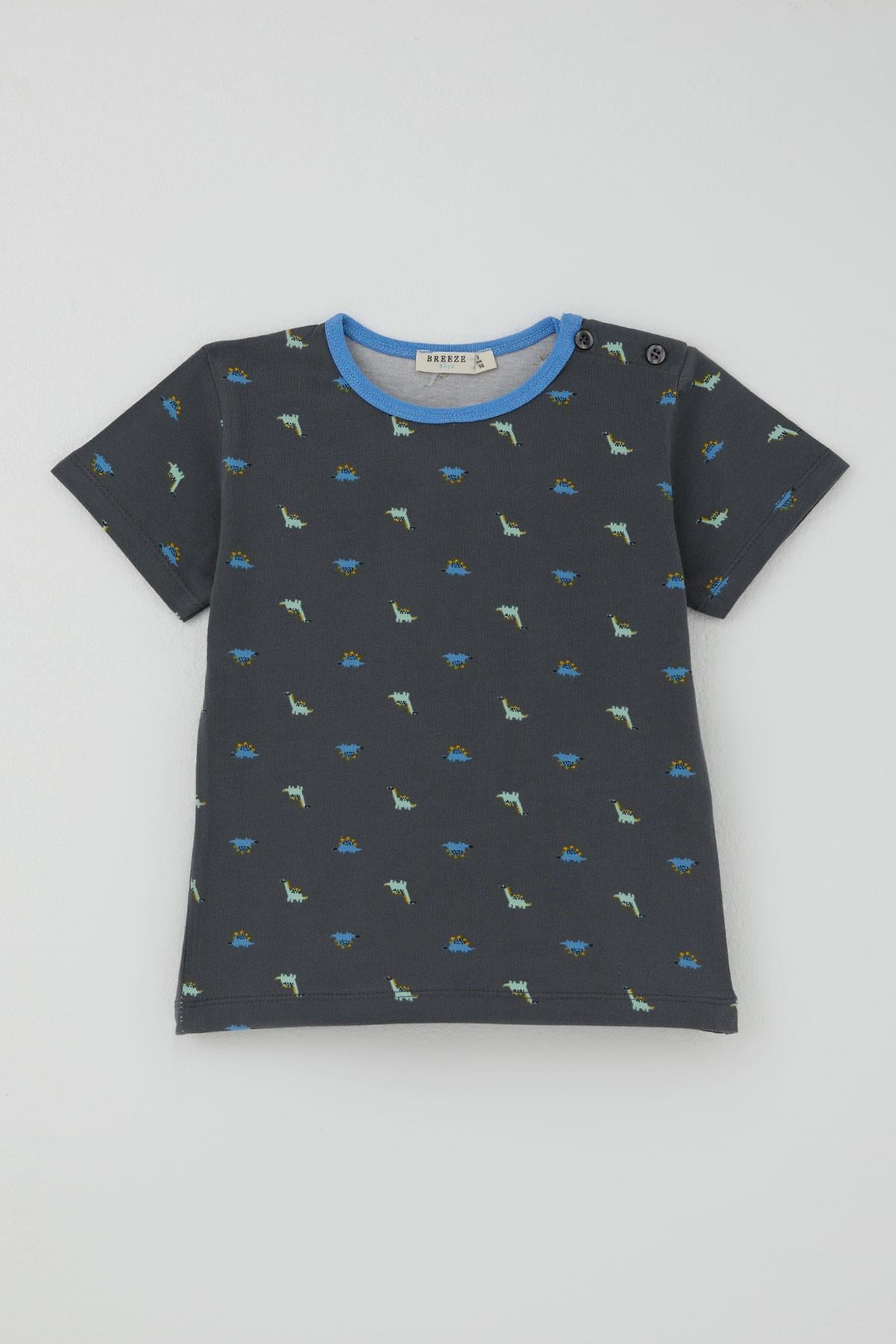 Breeze Erkek Bebek Şortlu Pijama Takımı Renkli Dinozor Desenli Antrasit (9 Ay-3 Yaş)