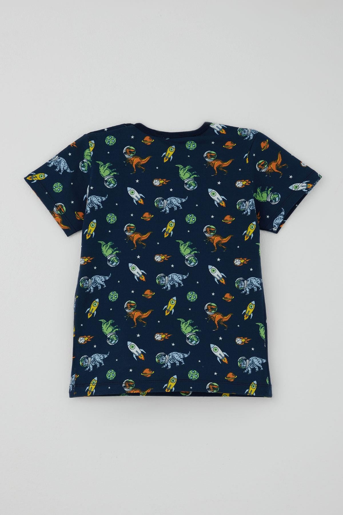 Breeze Erkek Bebek Şortlu Pijama Takımı Uzay Temalı Astronot Dinozor Desenli Lacivert (9 Ay-3 Yaş)