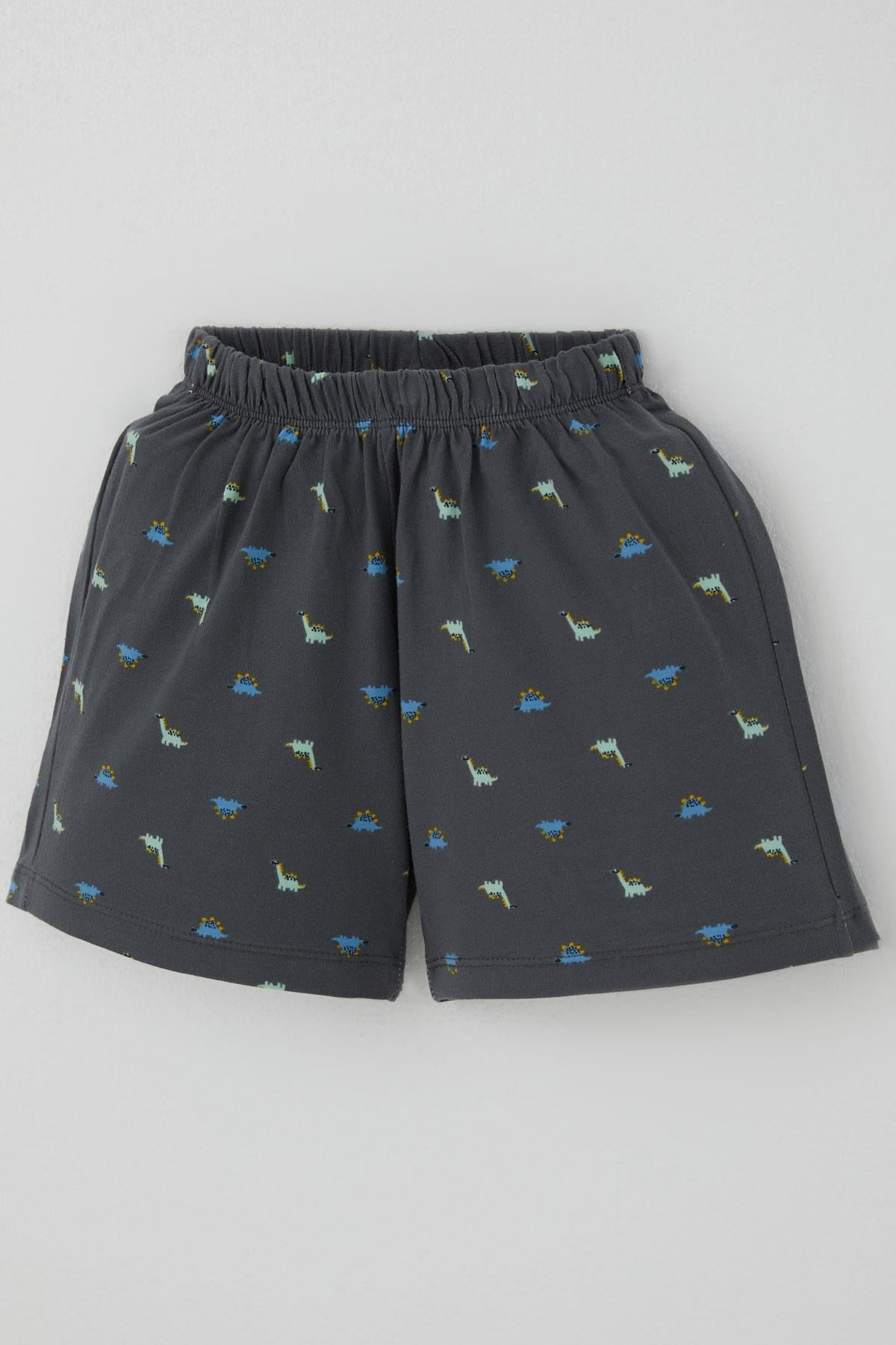 Breeze Erkek Bebek Şortlu Pijama Takımı Renkli Dinozor Desenli Antrasit (9 Ay-3 Yaş)