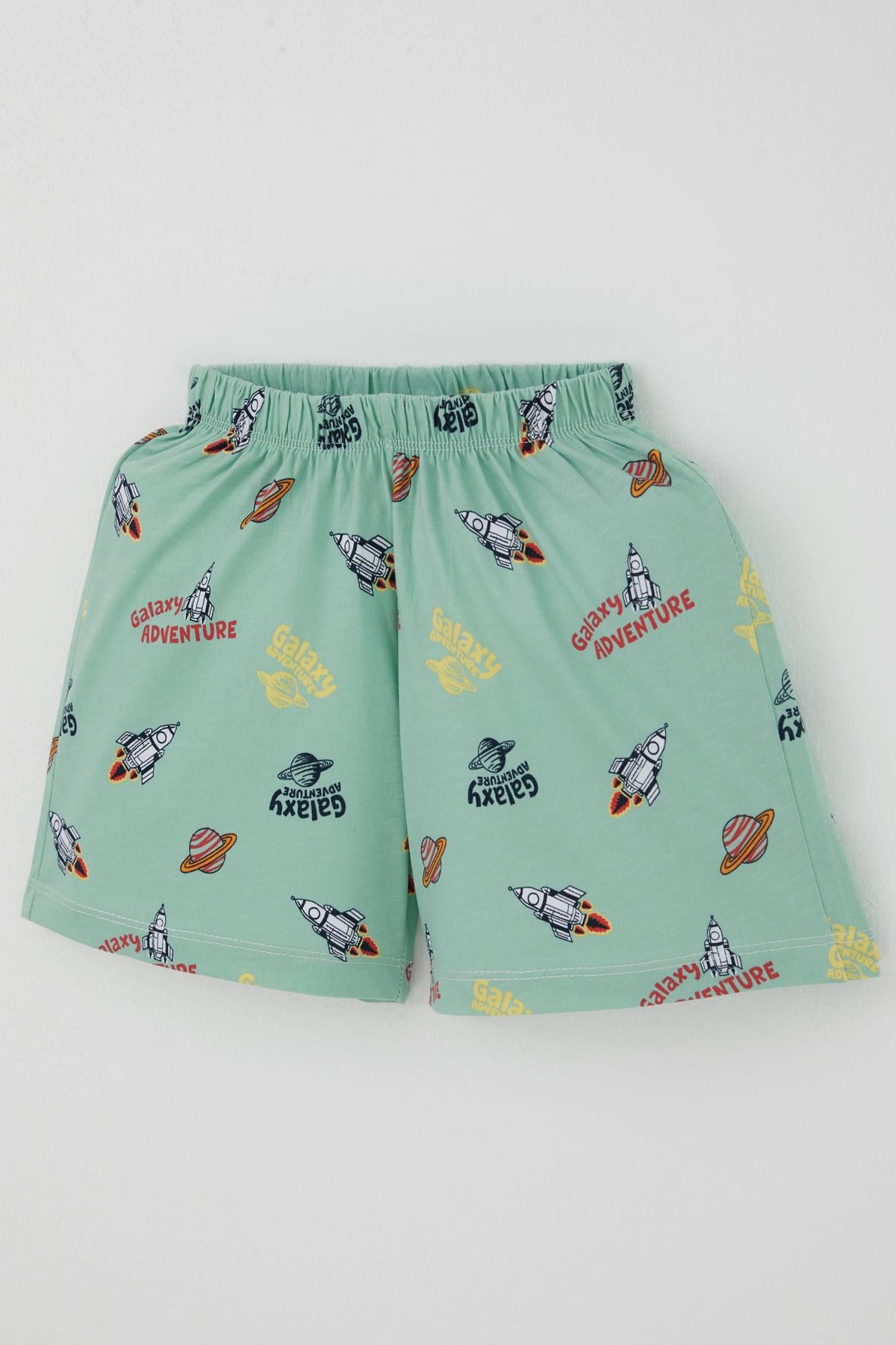 Breeze Erkek Bebek Şortlu Pijama Takımı Galaksi Macerası Temalı Su Yeşili (9 Ay-3 Yaş)