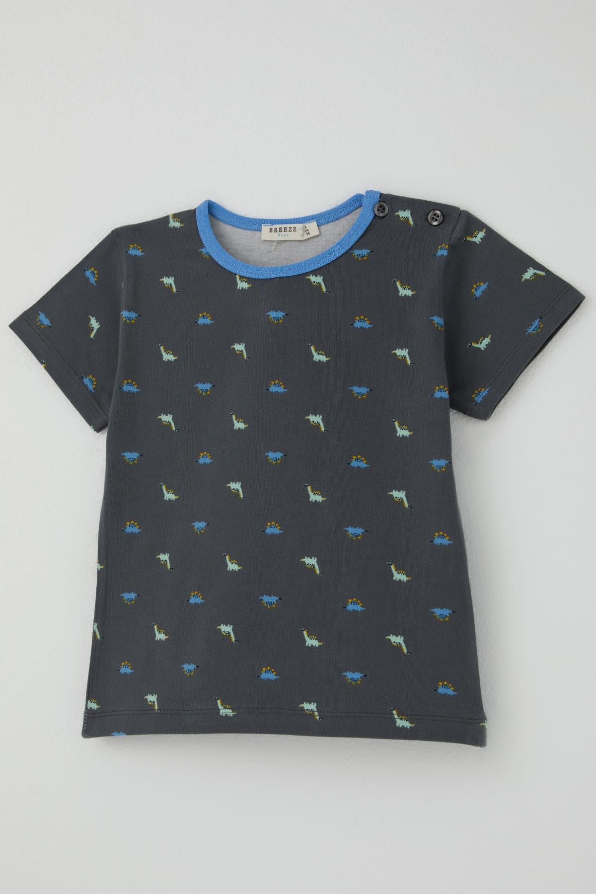 Breeze Erkek Bebek Şortlu Pijama Takımı Renkli Dinozor Desenli Antrasit (9 Ay-3 Yaş)