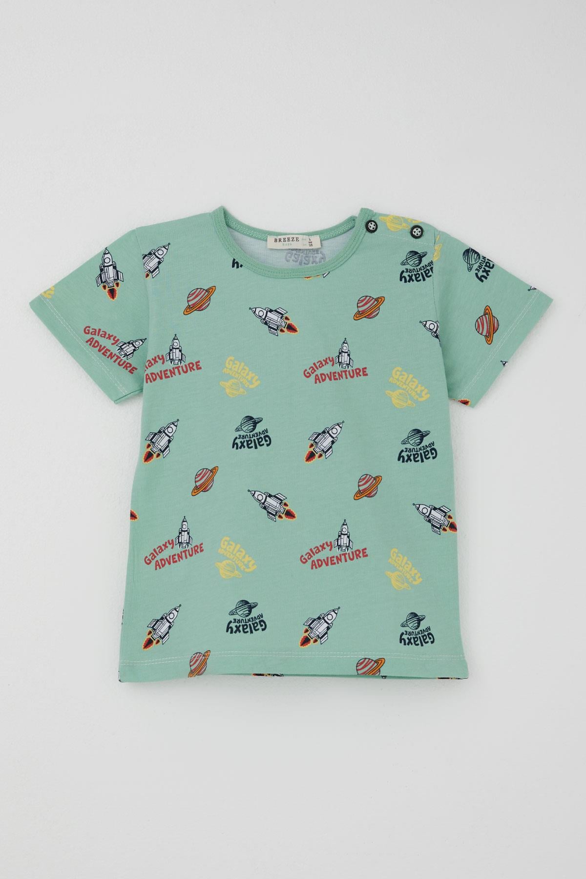 Breeze Erkek Bebek Şortlu Pijama Takımı Galaksi Macerası Temalı Su Yeşili (9 Ay-3 Yaş)