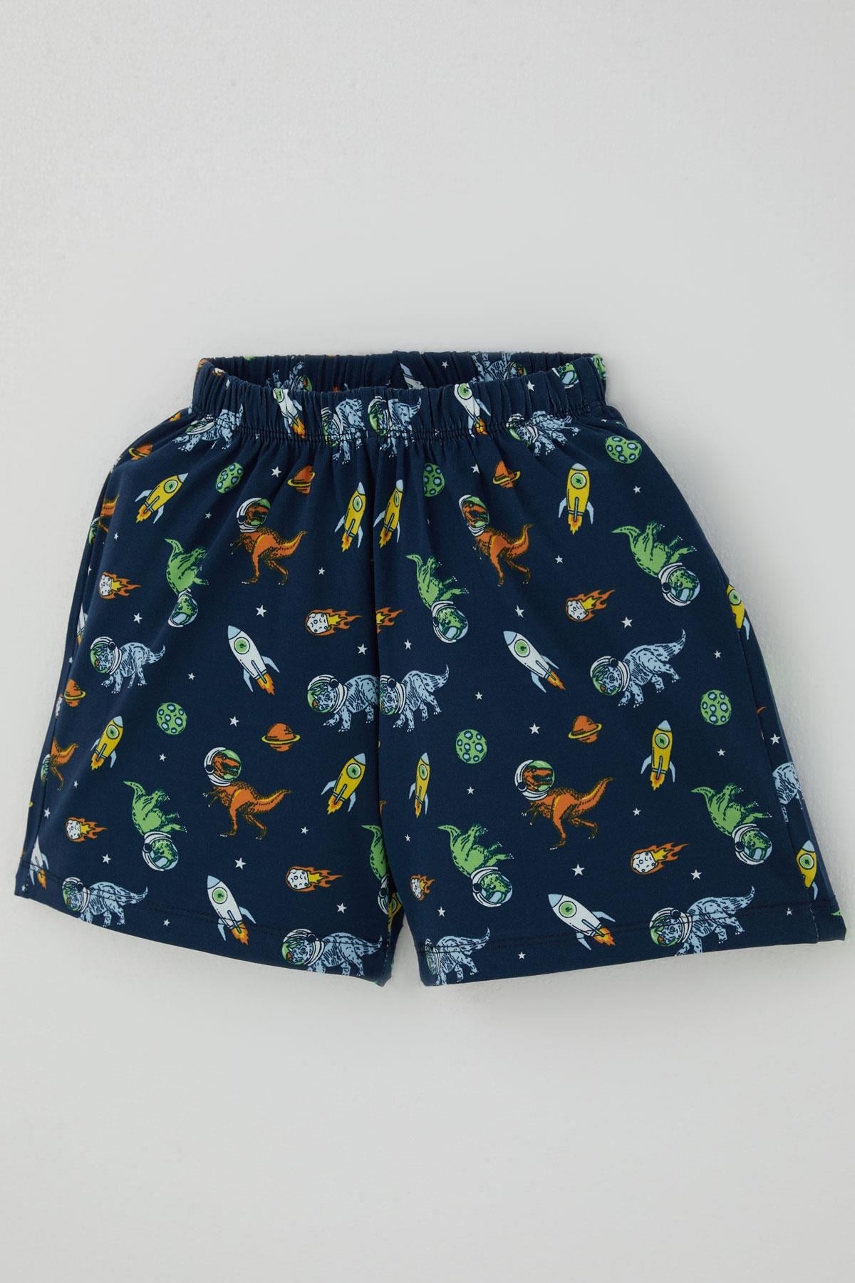 Breeze Erkek Bebek Şortlu Pijama Takımı Uzay Temalı Astronot Dinozor Desenli Lacivert (9 Ay-3 Yaş)