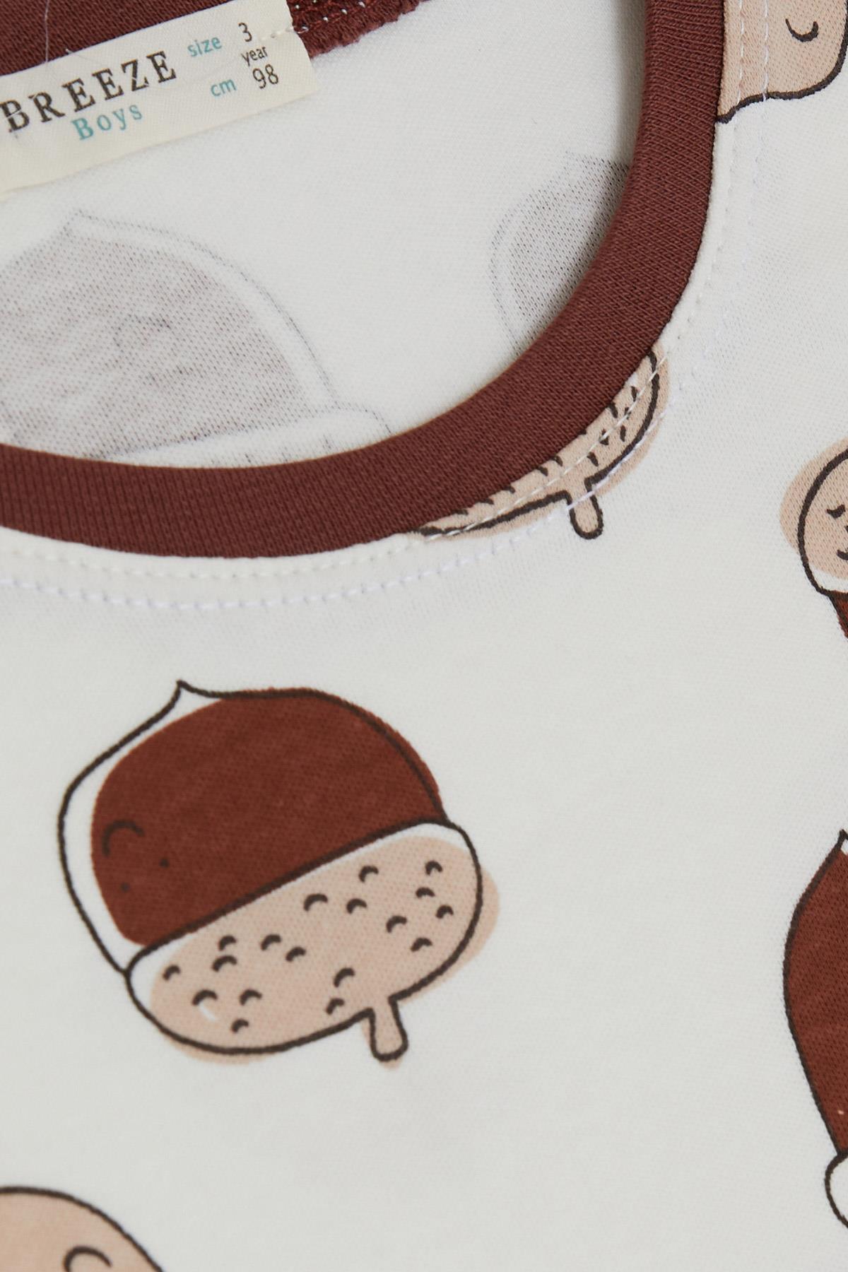 Breeze Erkek Bebek Şortlu Pijama Takımı Gülenyüz Meşe Palamutu Desenli Ekru (9 Ay-3 Yaş)