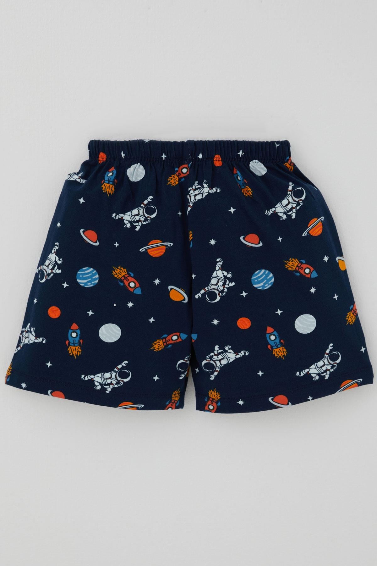 Breeze Erkek Bebek Şortlu Pijama Takımı Galaksi Temalı Astronot Desenli Lacivert (9 Ay-3 Yaş)