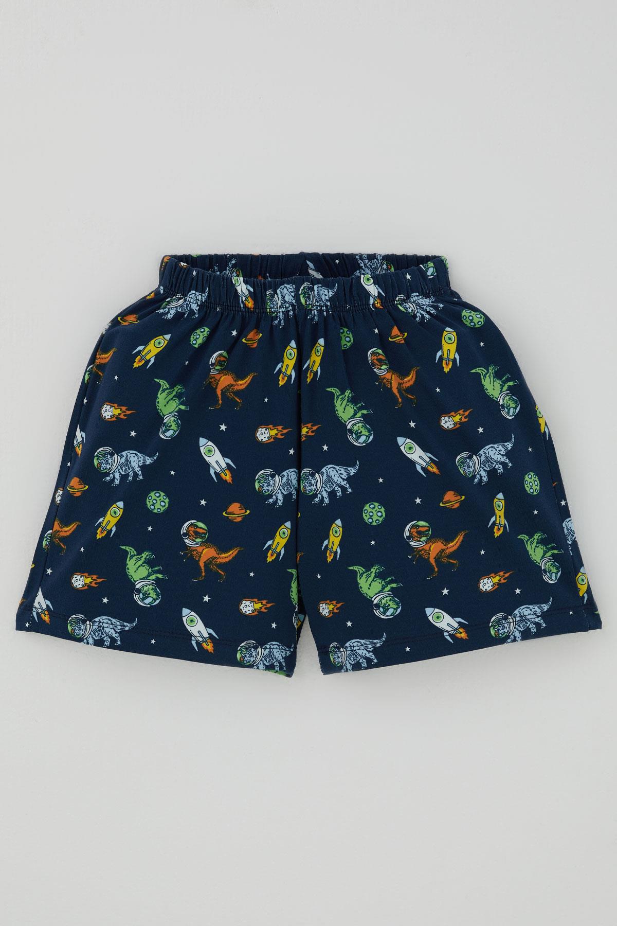 Breeze Erkek Bebek Şortlu Pijama Takımı Uzay Temalı Astronot Dinozor Desenli Lacivert (9 Ay-3 Yaş)