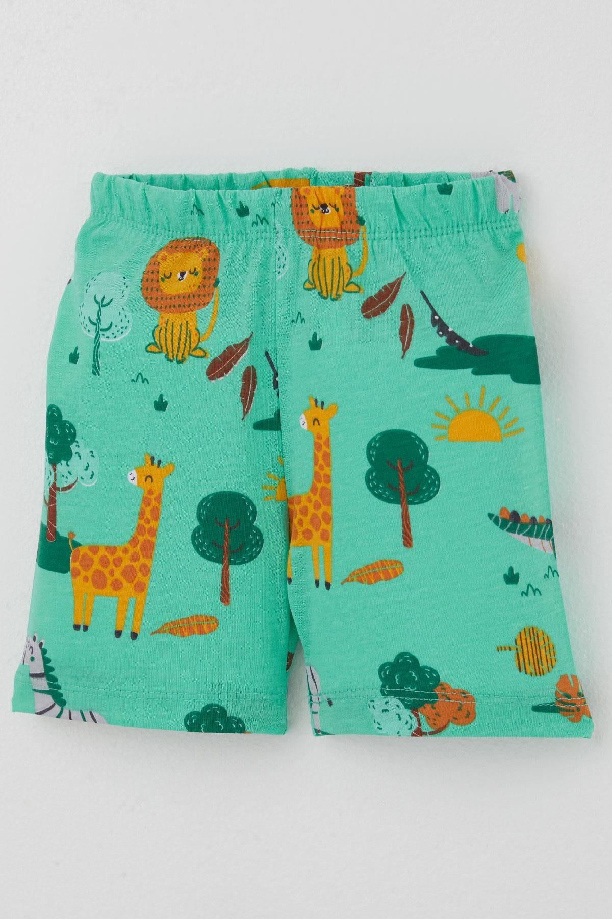 Breeze Erkek Bebek Şortlu Pijama Takımı Safari Temalı Sevimli Hayvancıklar Desenli Yeşil (4 Ay - 1 Yaş)