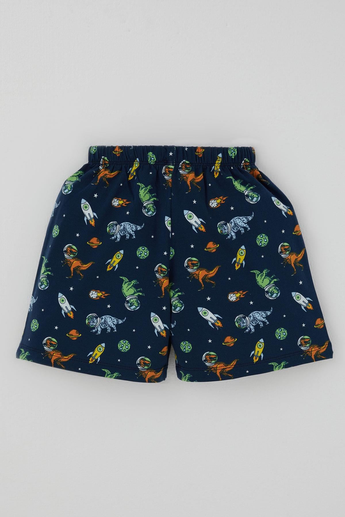 Breeze Erkek Bebek Şortlu Pijama Takımı Uzay Temalı Astronot Dinozor Desenli Lacivert (9 Ay-3 Yaş)