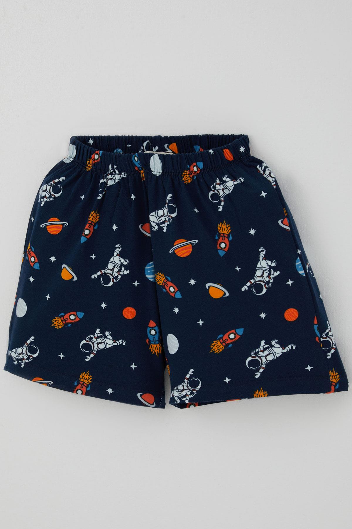 Breeze Erkek Bebek Şortlu Pijama Takımı Galaksi Temalı Astronot Desenli Lacivert (9 Ay-3 Yaş)