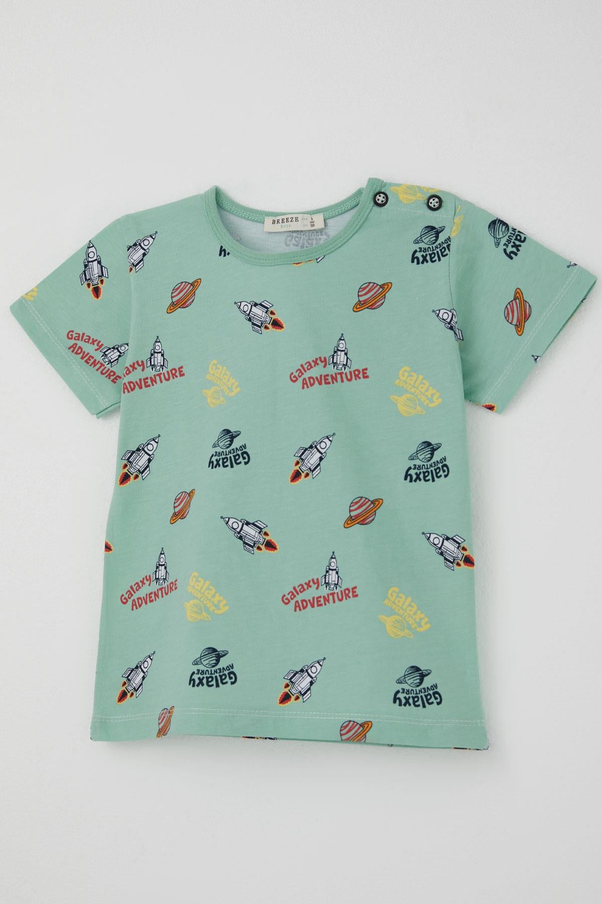 Breeze Erkek Bebek Şortlu Pijama Takımı Galaksi Macerası Temalı Su Yeşili (9 Ay-3 Yaş)