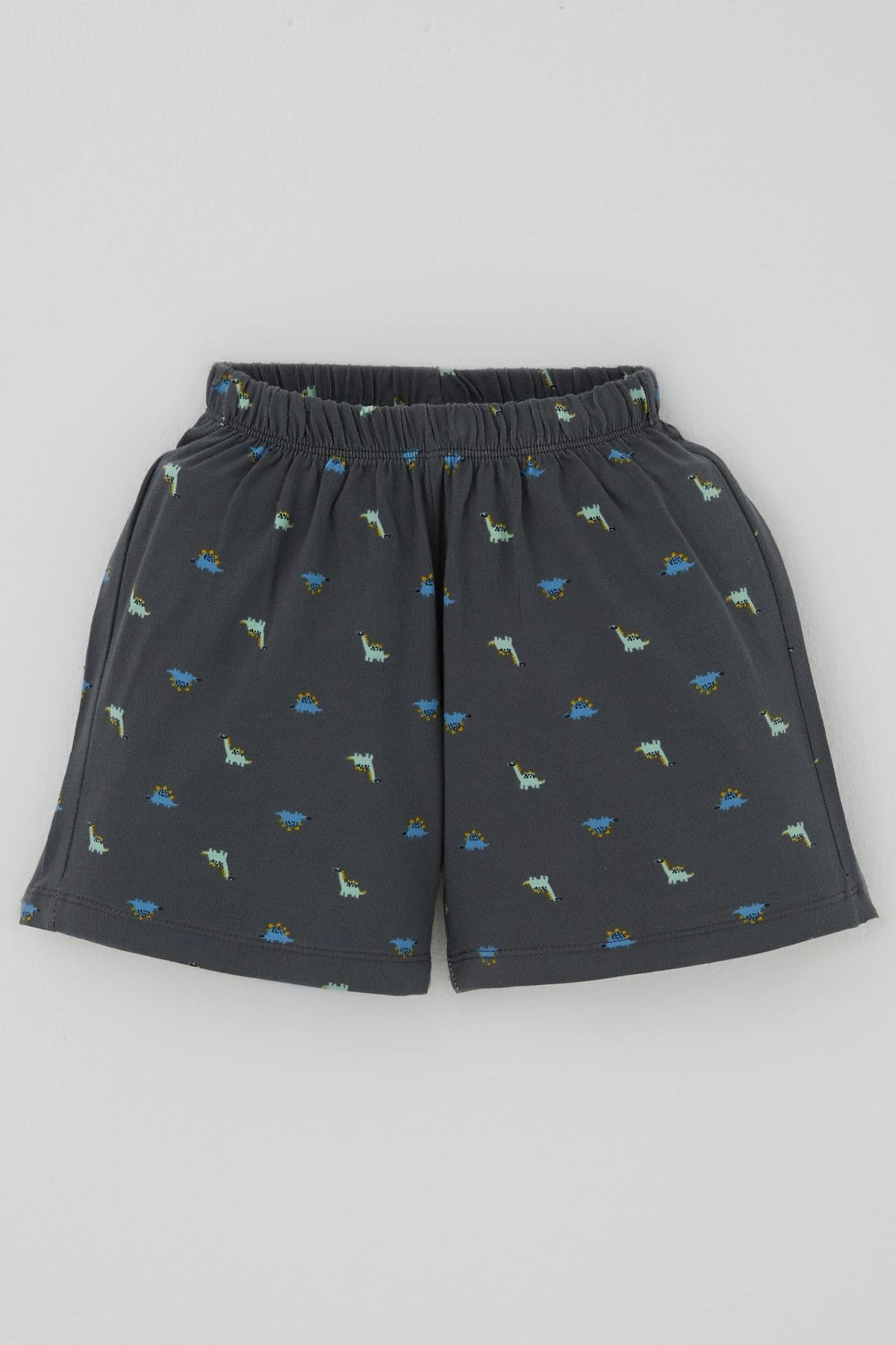 Breeze Erkek Bebek Şortlu Pijama Takımı Renkli Dinozor Desenli Antrasit (9 Ay-3 Yaş)