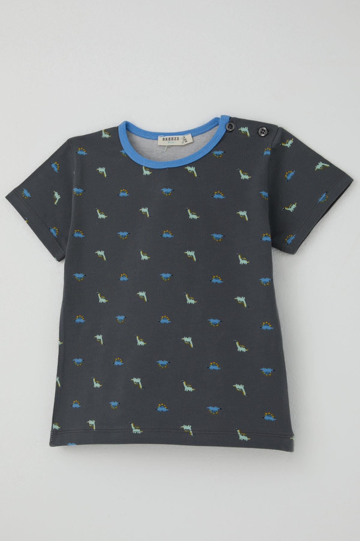 Breeze Erkek Bebek Şortlu Pijama Takımı Renkli Dinozor Desenli Antrasit (9 Ay-3 Yaş)