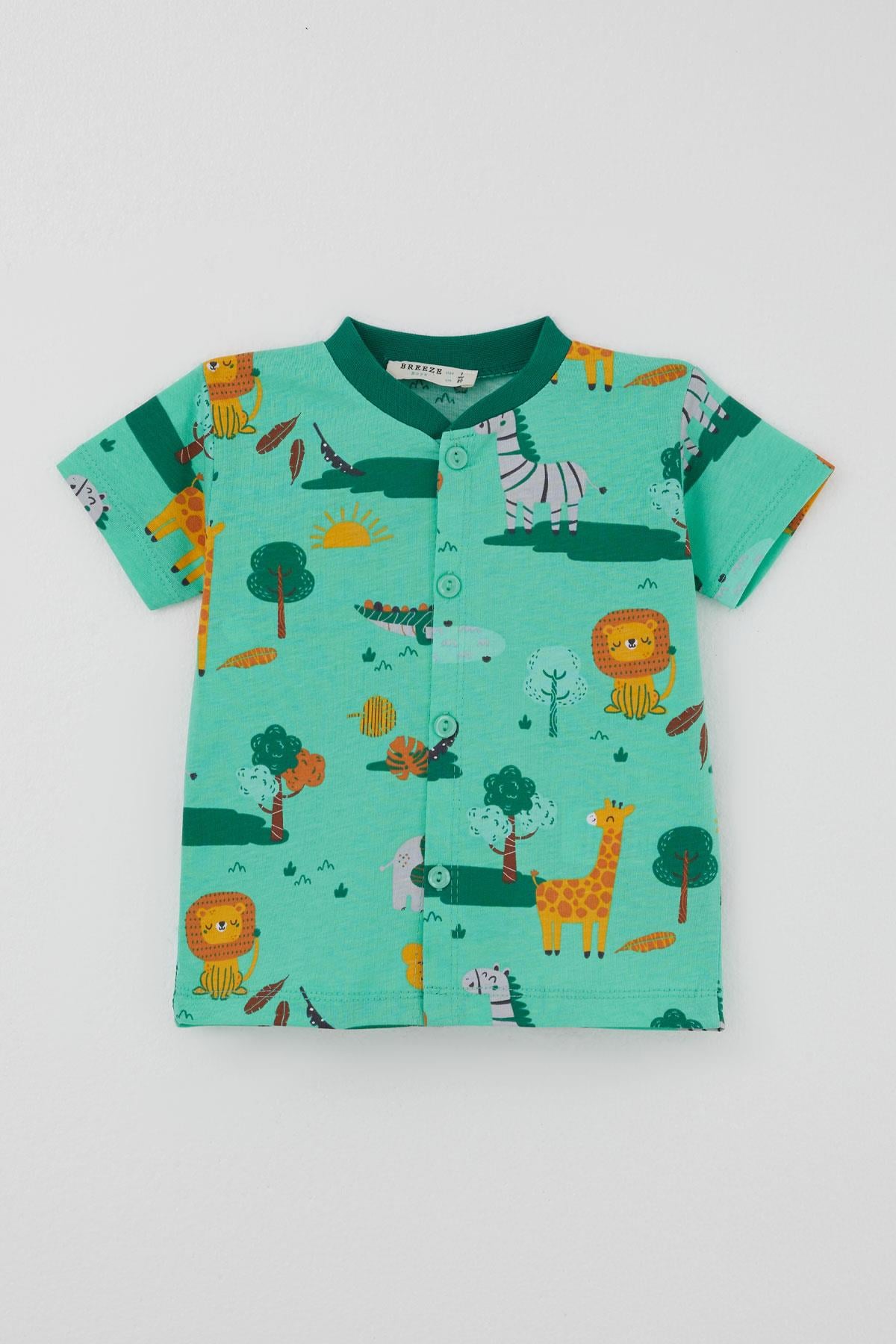 Breeze Erkek Bebek Şortlu Pijama Takımı Safari Temalı Sevimli Hayvancıklar Desenli Yeşil (4 Ay - 1 Yaş)