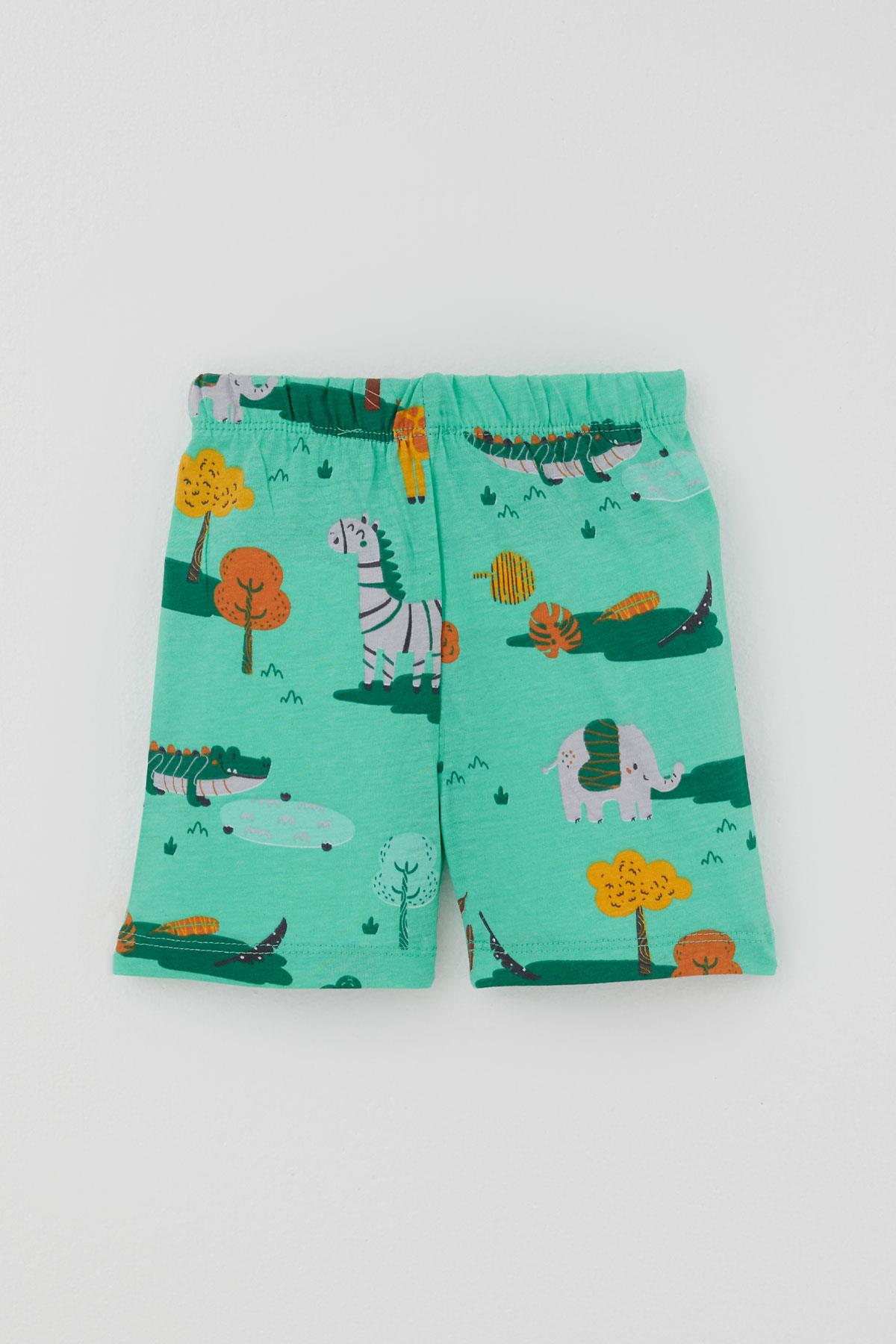 Breeze Erkek Bebek Şortlu Pijama Takımı Safari Temalı Sevimli Hayvancıklar Desenli Yeşil (4 Ay - 1 Yaş)