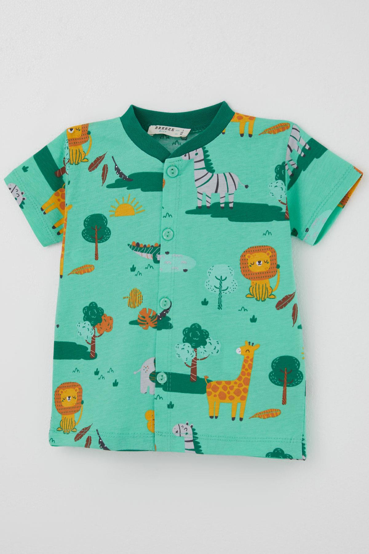 Breeze Erkek Bebek Şortlu Pijama Takımı Safari Temalı Sevimli Hayvancıklar Desenli Yeşil (4 Ay - 1 Yaş)